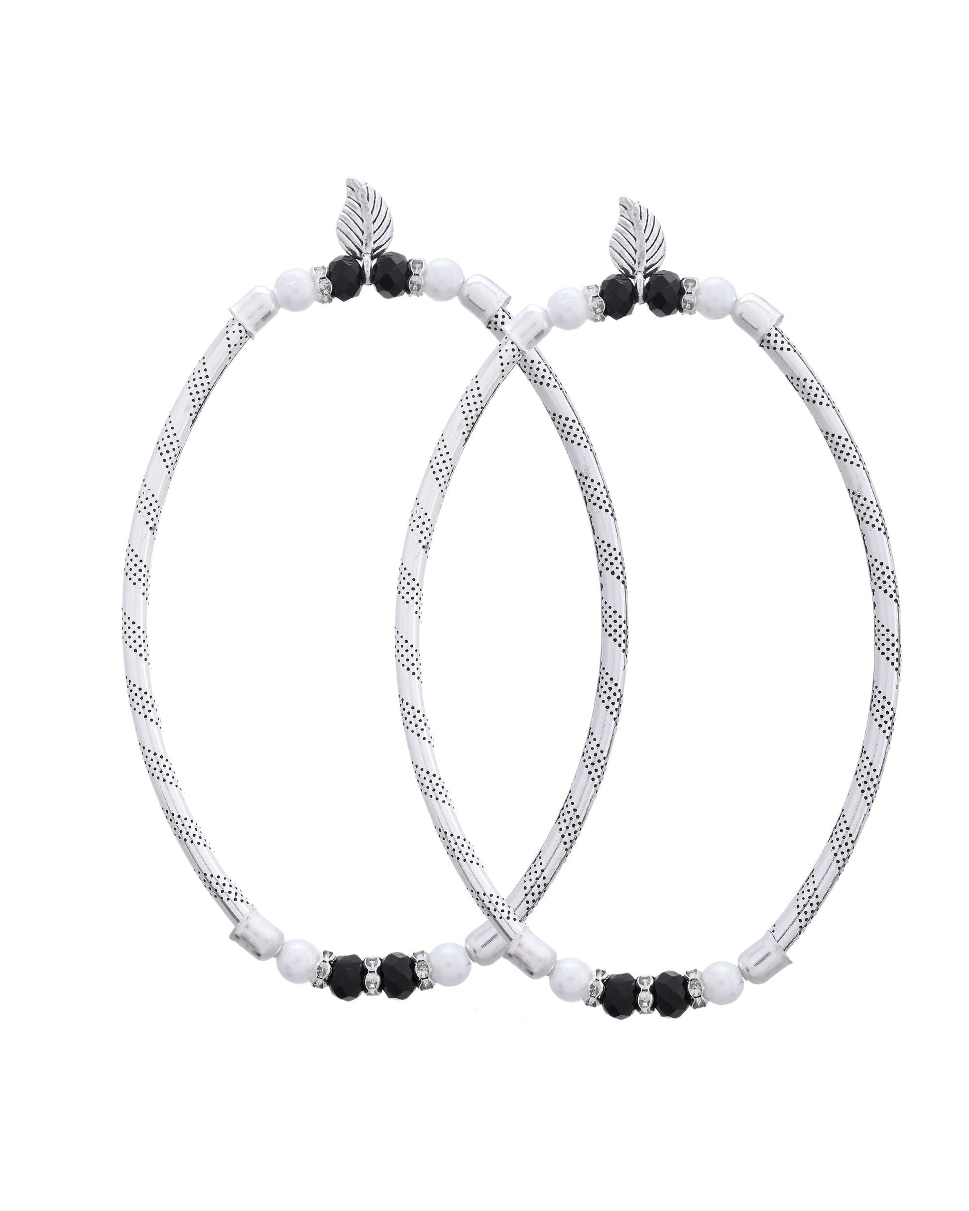 Jewels Nest Set of 2 Silver-Plated Black & White Beaded Anklets with Leaf Charm - Swadesiicart