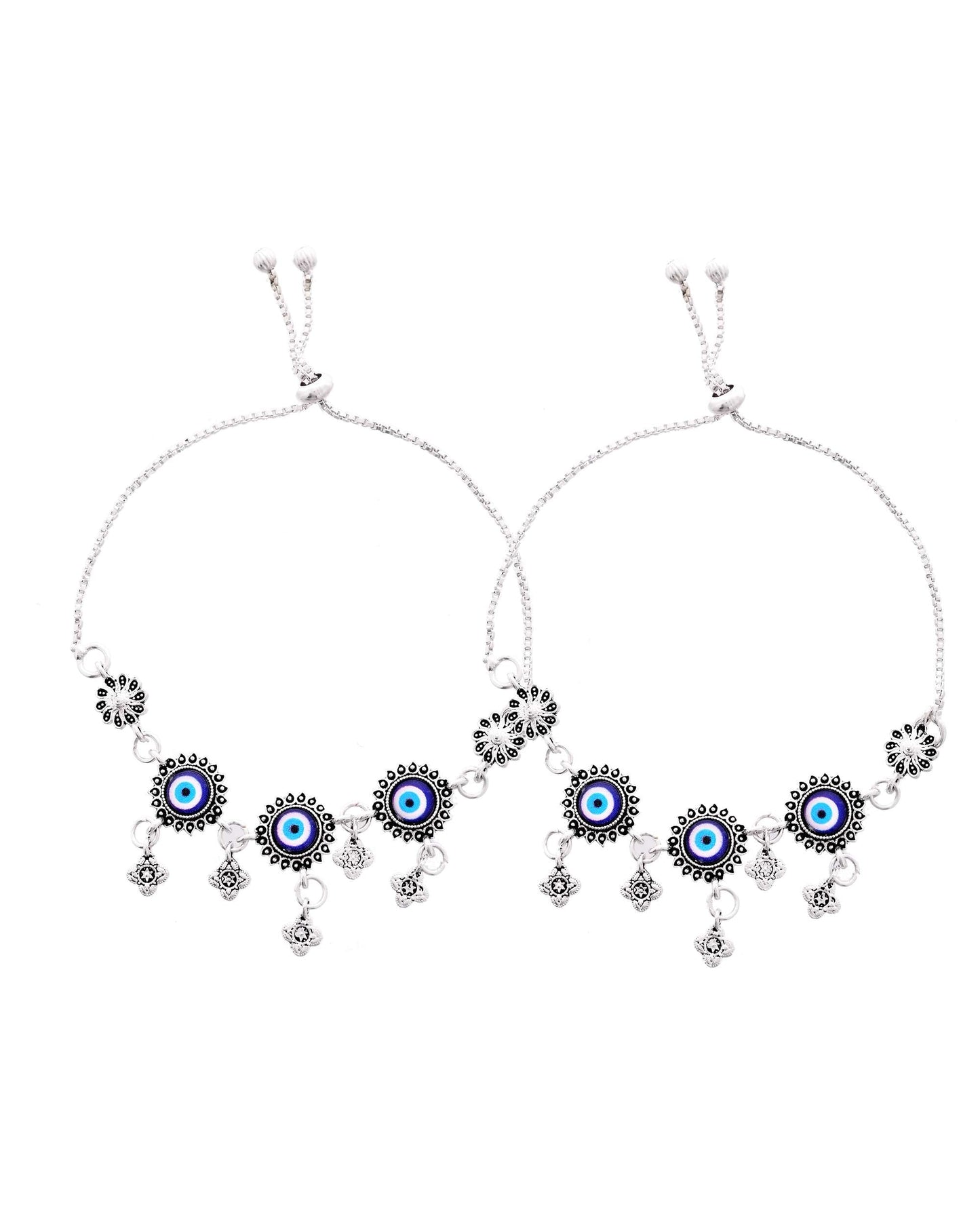 Jewels Nest Set of 2 Silver-Plated Stainless Steel Evil Eye & Stone-Studded Beaded Anklets - Swadesiicart