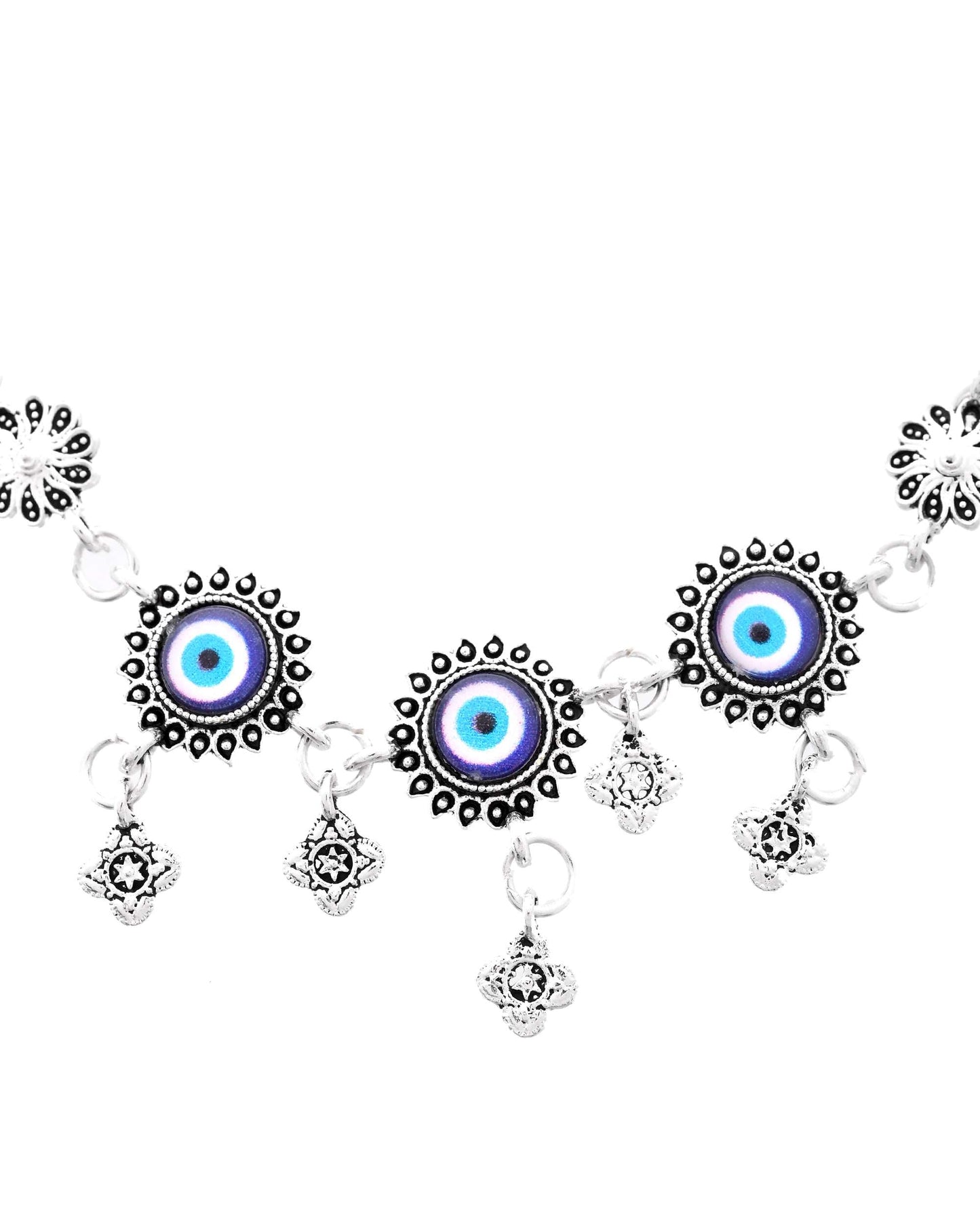Jewels Nest Set of 2 Silver-Plated Stainless Steel Evil Eye & Stone-Studded Beaded Anklets - Swadesiicart