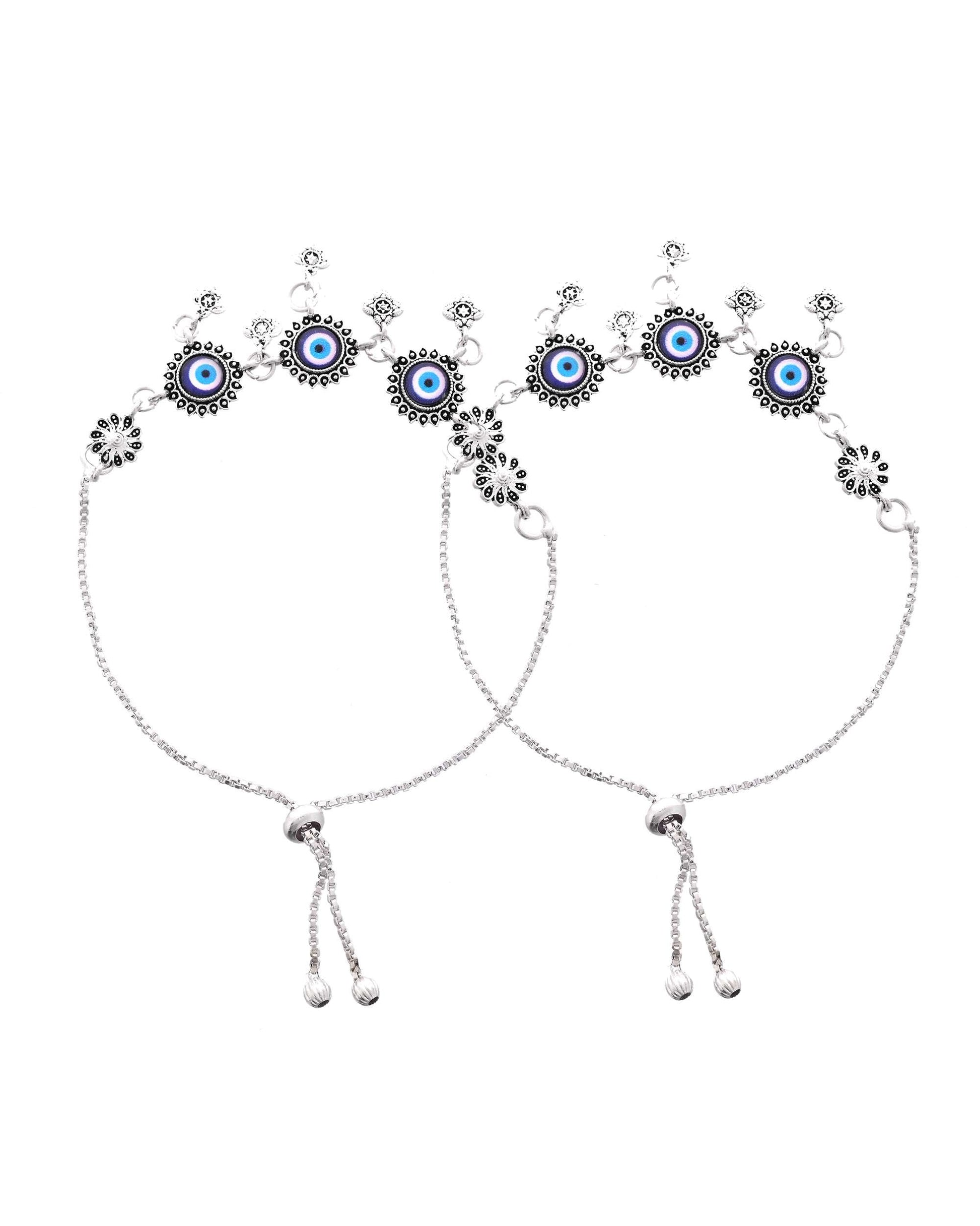 Jewels Nest Set of 2 Silver-Plated Stainless Steel Evil Eye & Stone-Studded Beaded Anklets - Swadesiicart