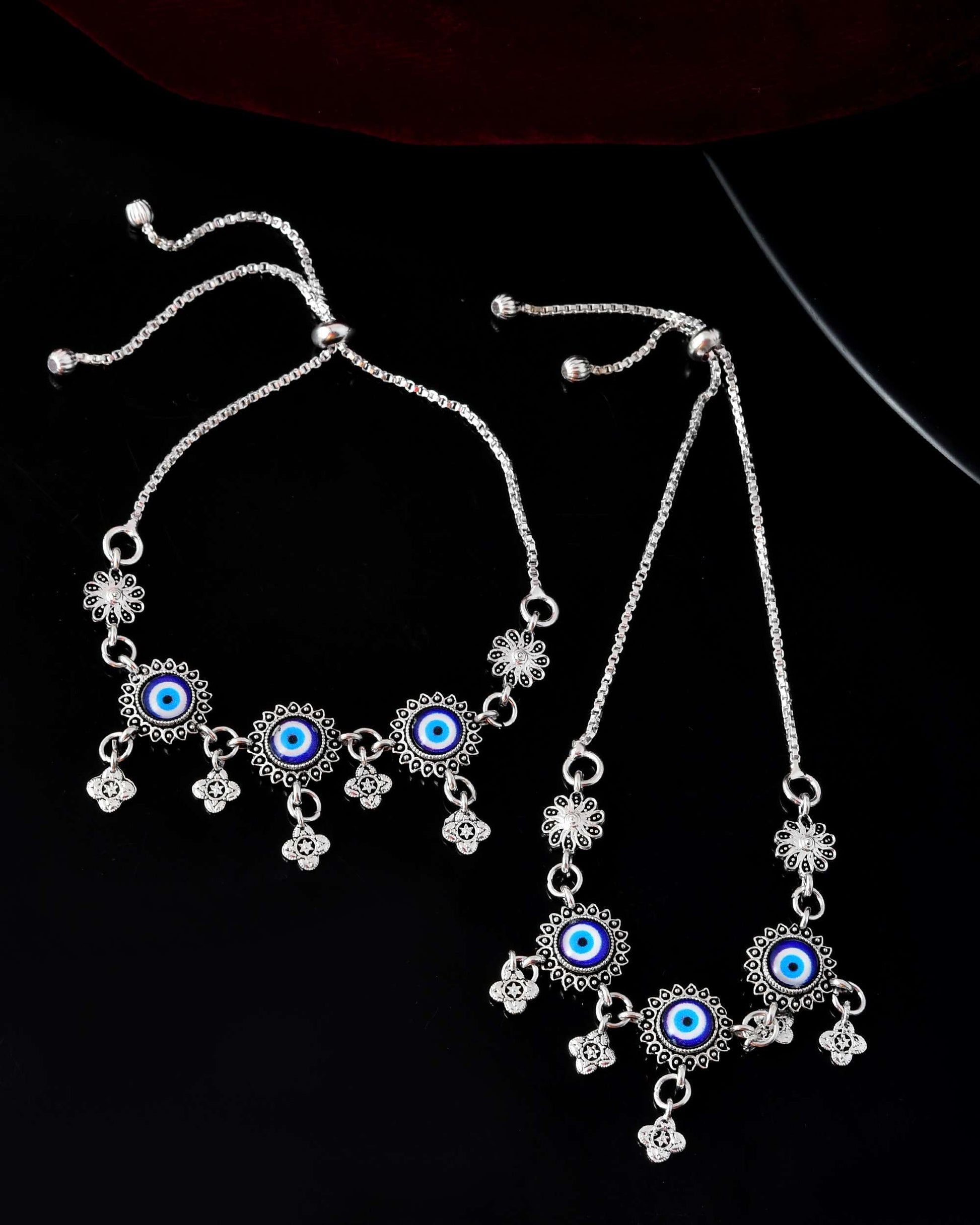 Jewels Nest Set of 2 Silver-Plated Stainless Steel Evil Eye & Stone-Studded Beaded Anklets - Swadesiicart