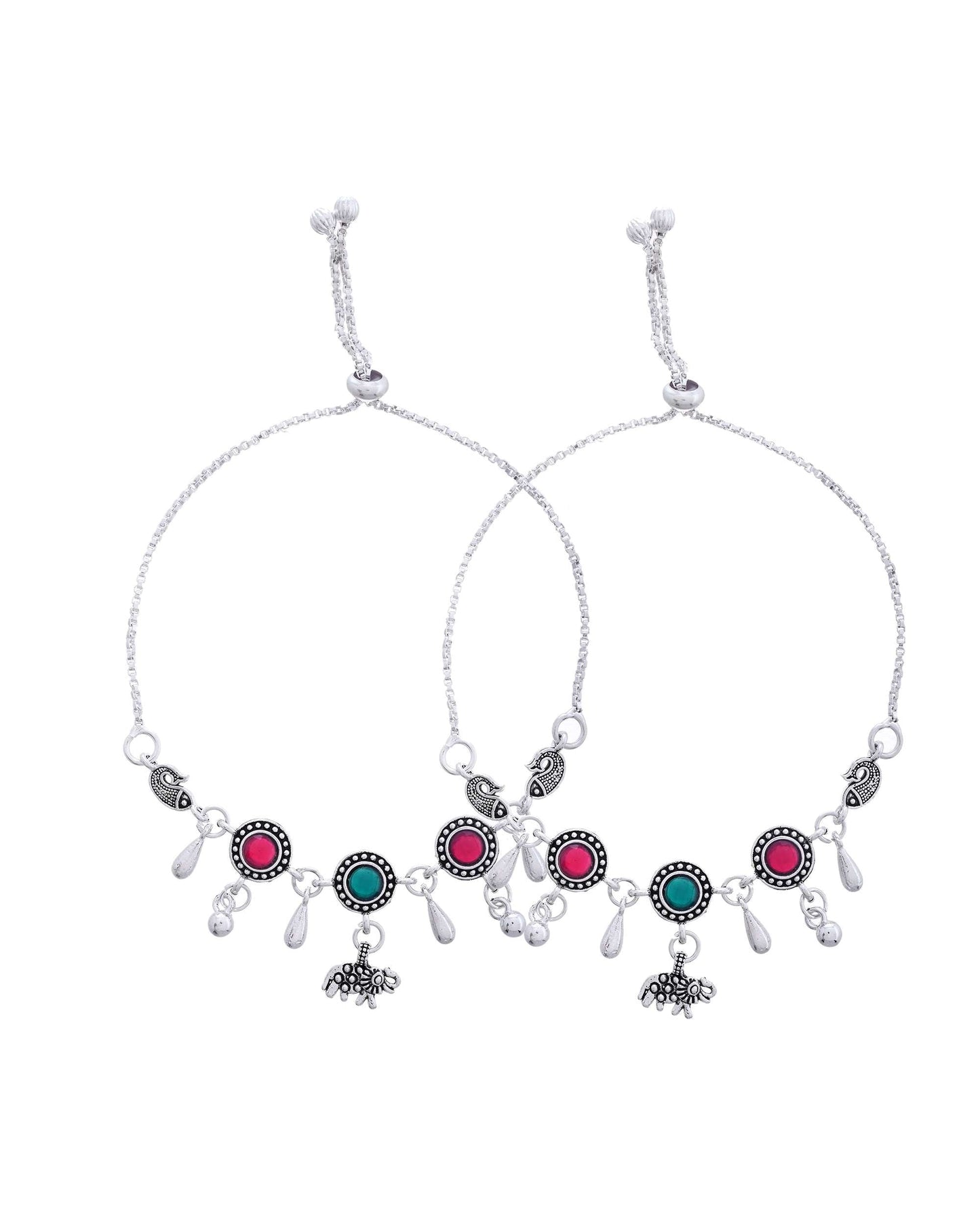Jewels Nest Set of 2 Silver-Plated Artificial Stone Beaded Anklets with Multi-Colored Accents - Swadesiicart