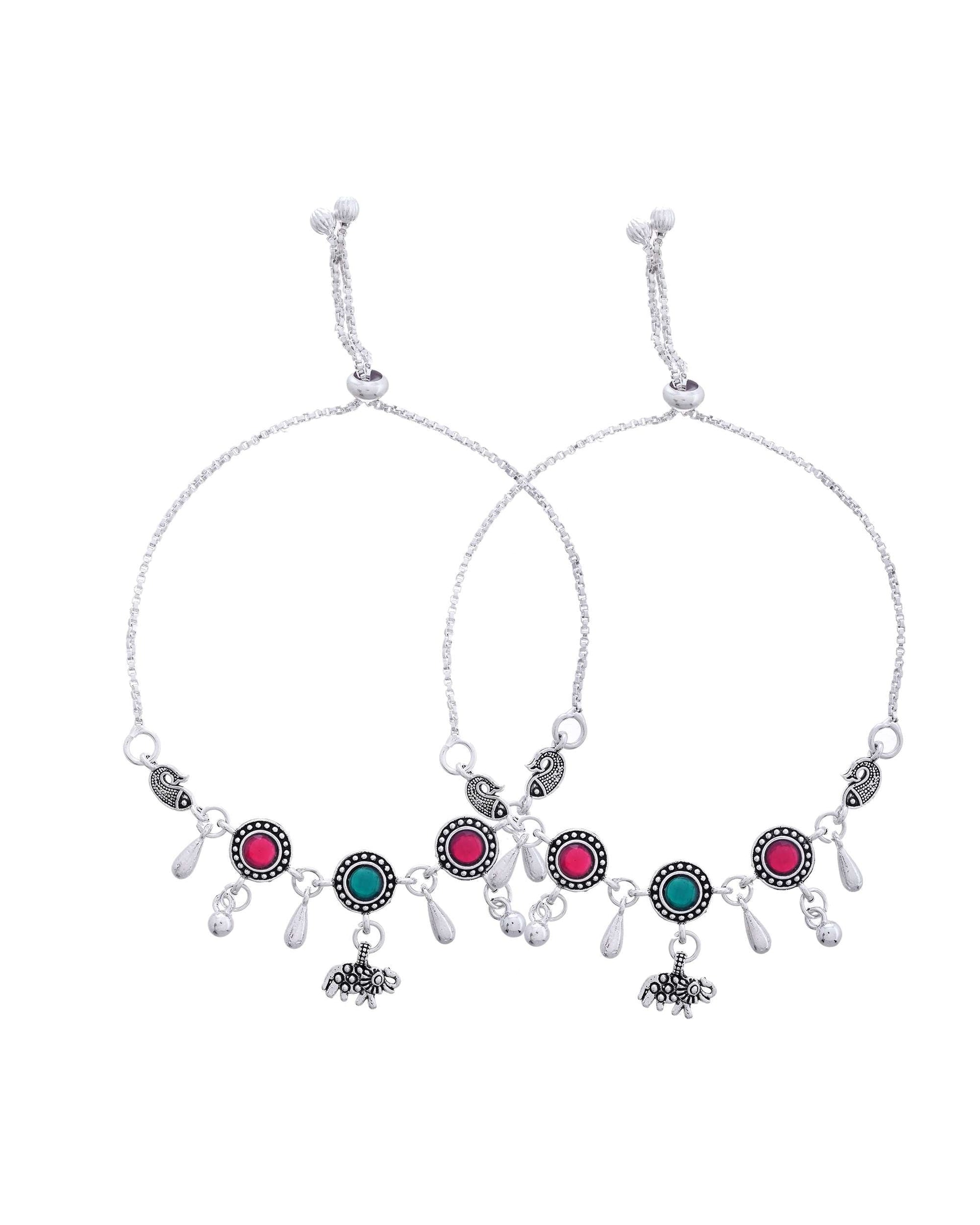 Jewels Nest Set of 2 Silver-Plated Artificial Stone Beaded Anklets with Multi-Colored Accents - Swadesiicart