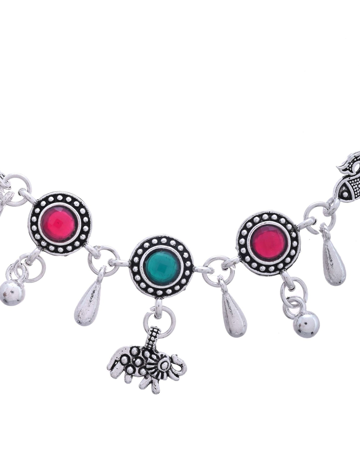 Jewels Nest Set of 2 Silver-Plated Artificial Stone Beaded Anklets with Multi-Colored Accents - Swadesiicart
