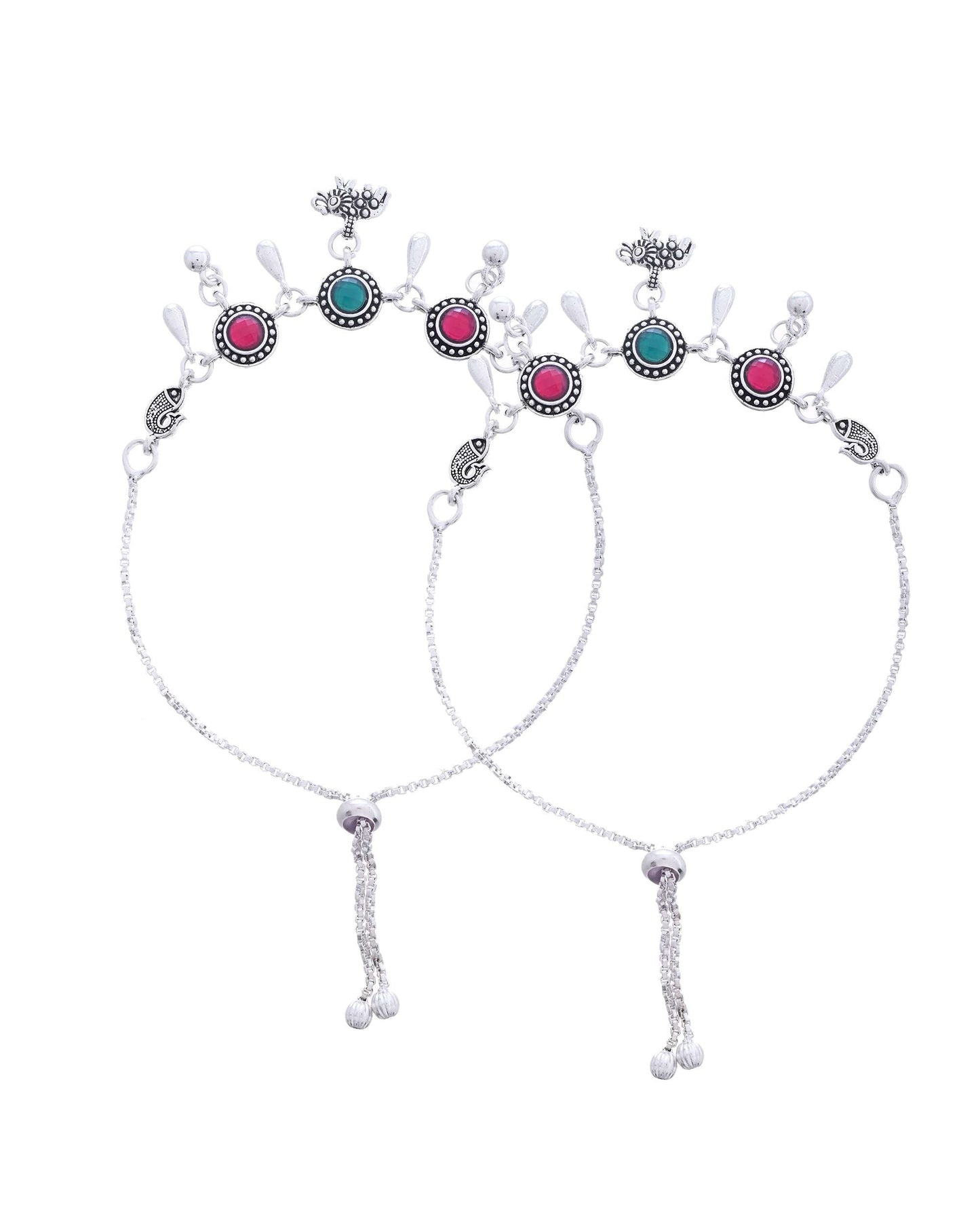 Jewels Nest Set of 2 Silver-Plated Artificial Stone Beaded Anklets with Multi-Colored Accents - Swadesiicart