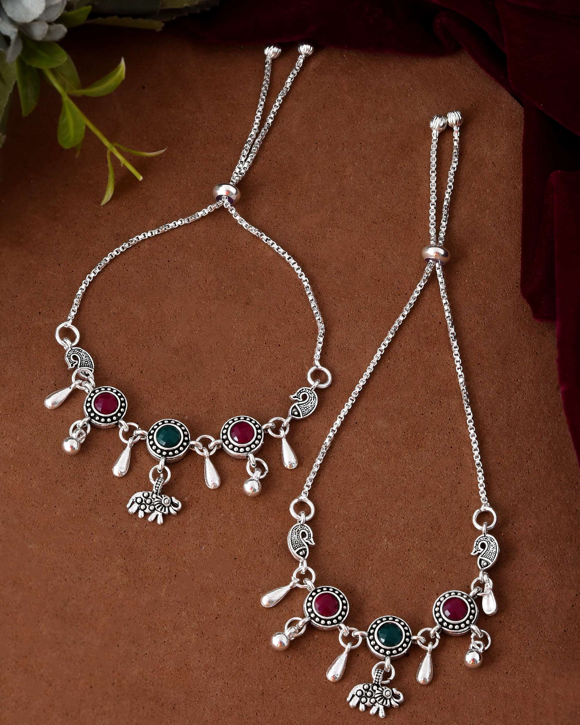 Jewels Nest Set of 2 Silver-Plated Artificial Stone Beaded Anklets with Multi-Colored Accents - Swadesiicart