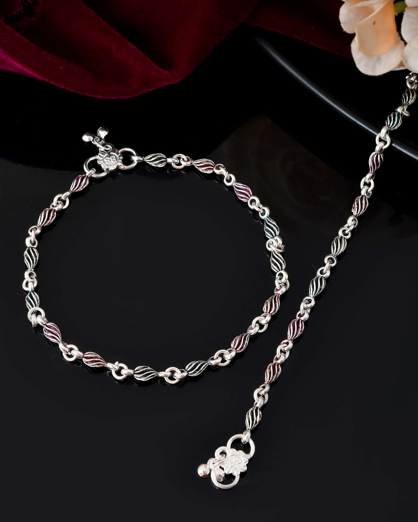 Jewels Nest Stainless Steel Silver-Tone Anklets with Leaf and Pearl Detailing - Swadesiicart