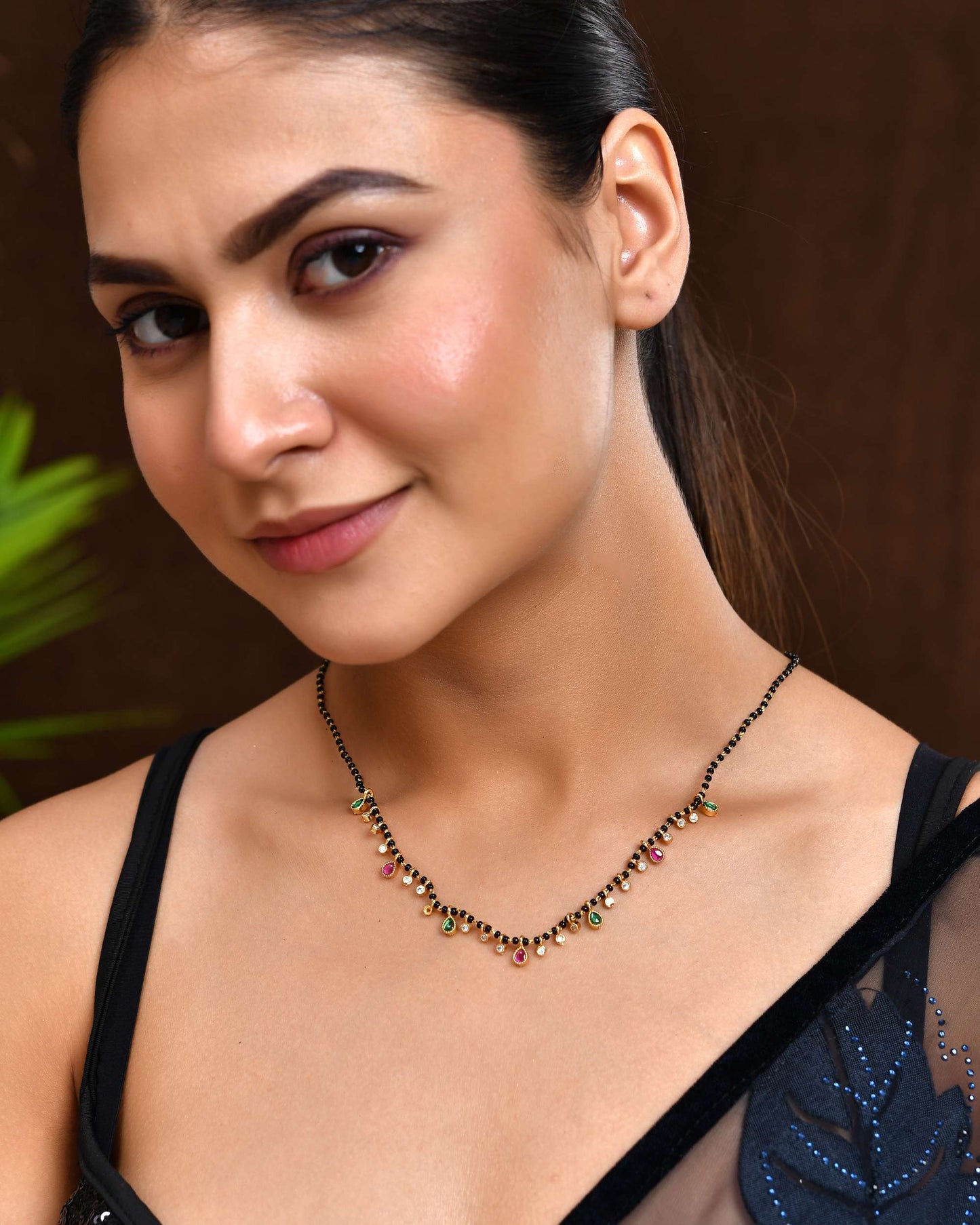 Jewels Nest Elegant Black Beads Mangalsutra with Green & Red Stone Drops – Silver Finish - Swadesiicart