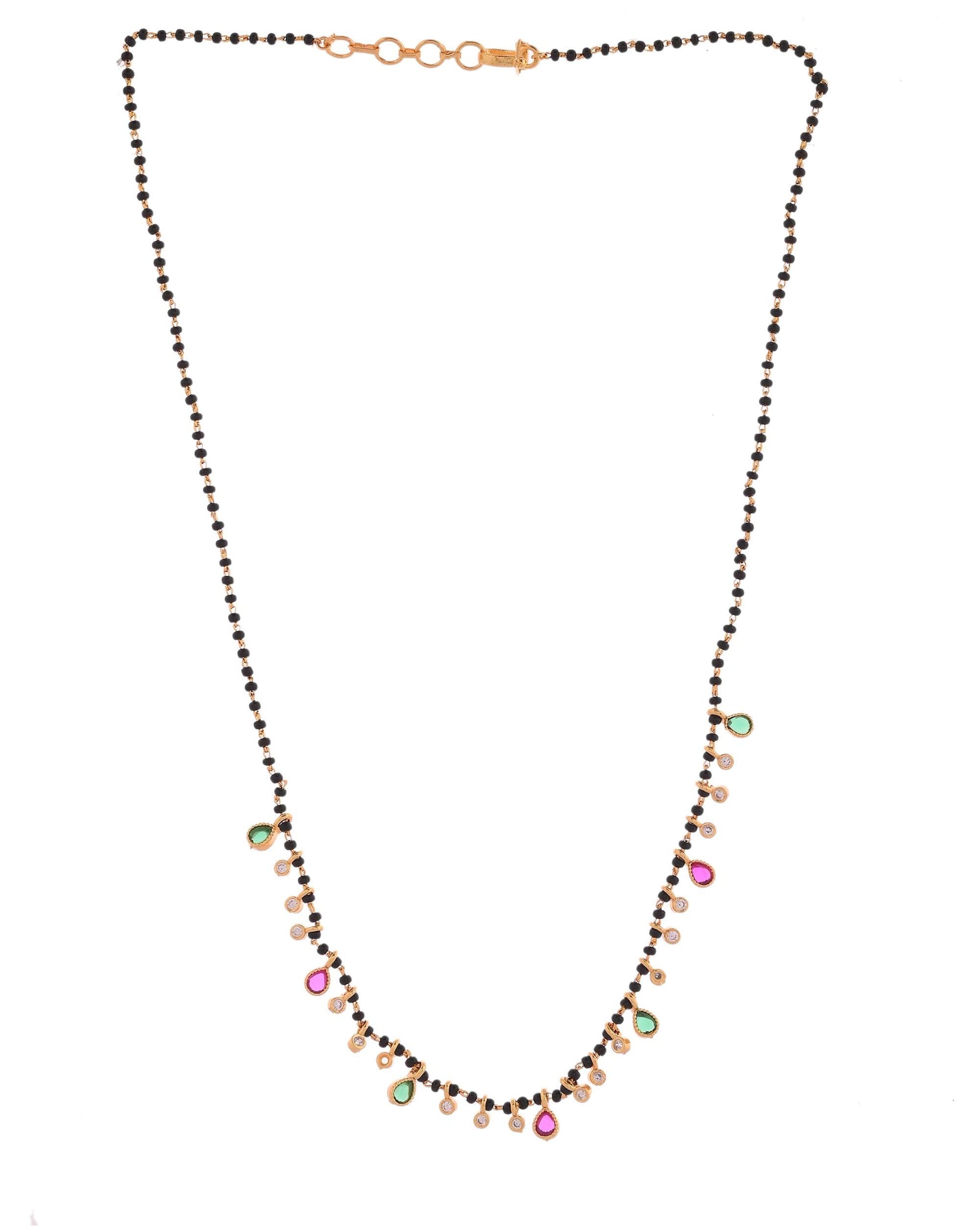 Jewels Nest Elegant Black Beads Mangalsutra with Green & Red Stone Drops – Silver Finish - Swadesiicart