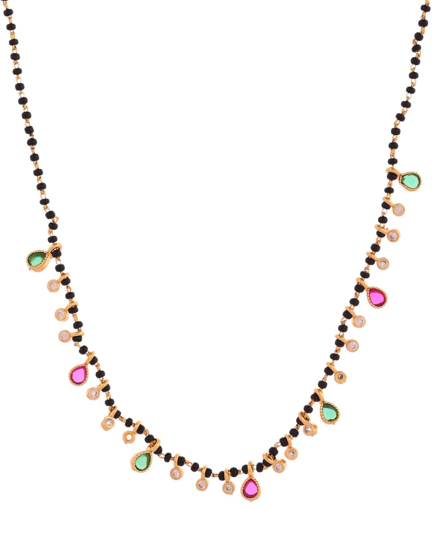 Jewels Nest Elegant Black Beads Mangalsutra with Green & Red Stone Drops – Silver Finish - Swadesiicart
