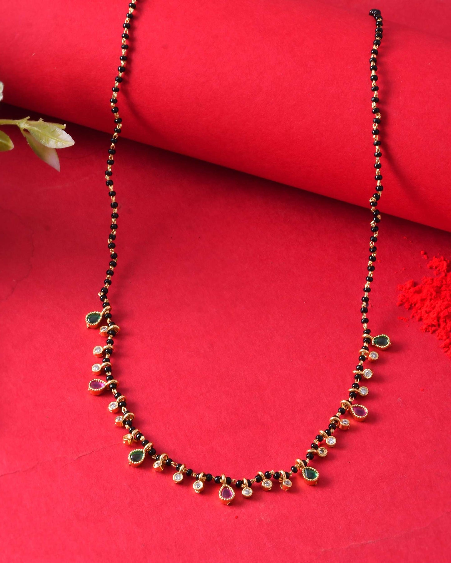 Jewels Nest Elegant Black Beads Mangalsutra with Green & Red Stone Drops – Silver Finish - Swadesiicart