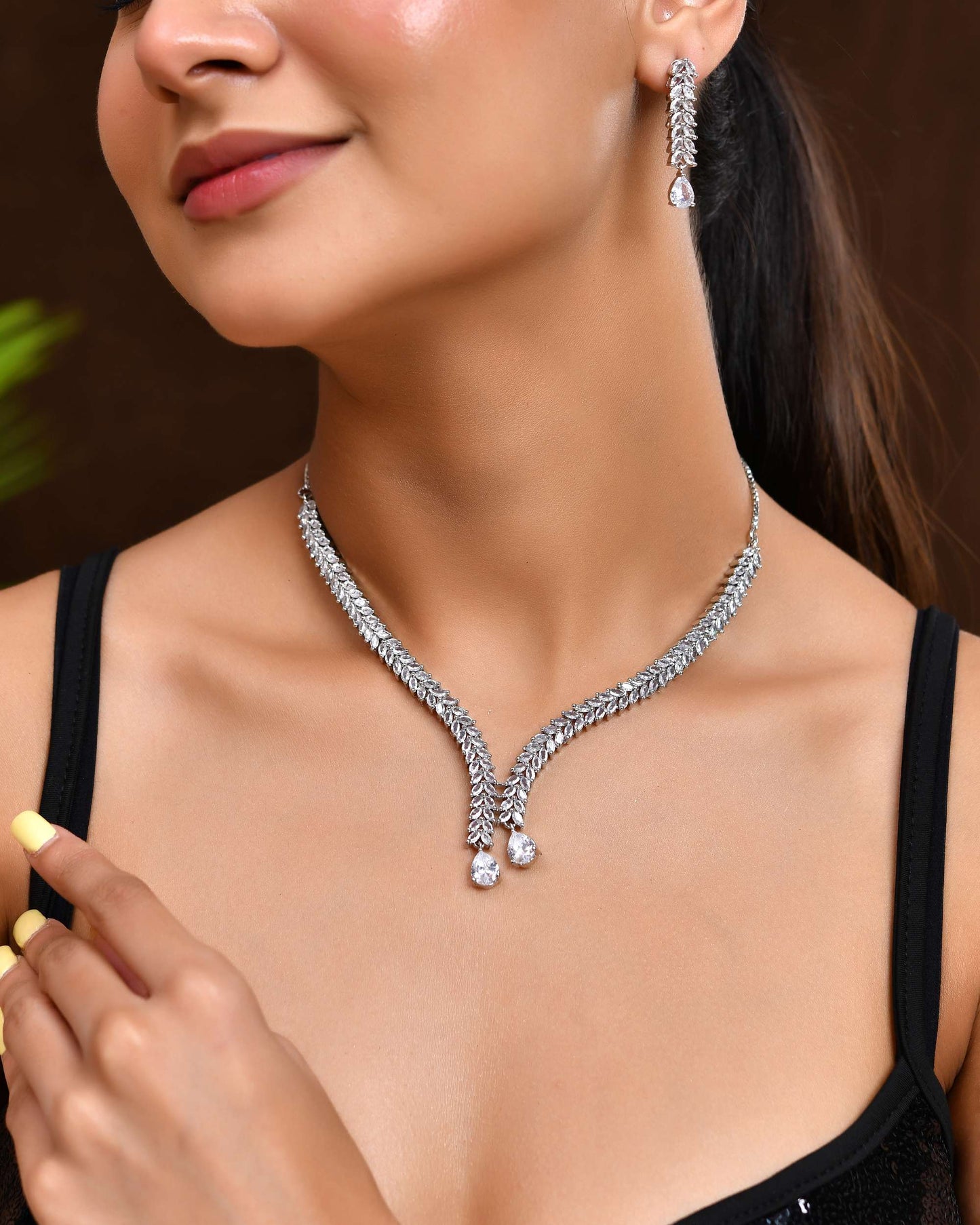 Jewels Nest Silver-Plated American Diamond Necklace Set with Teardrop CZ Stones - Swadesiicart