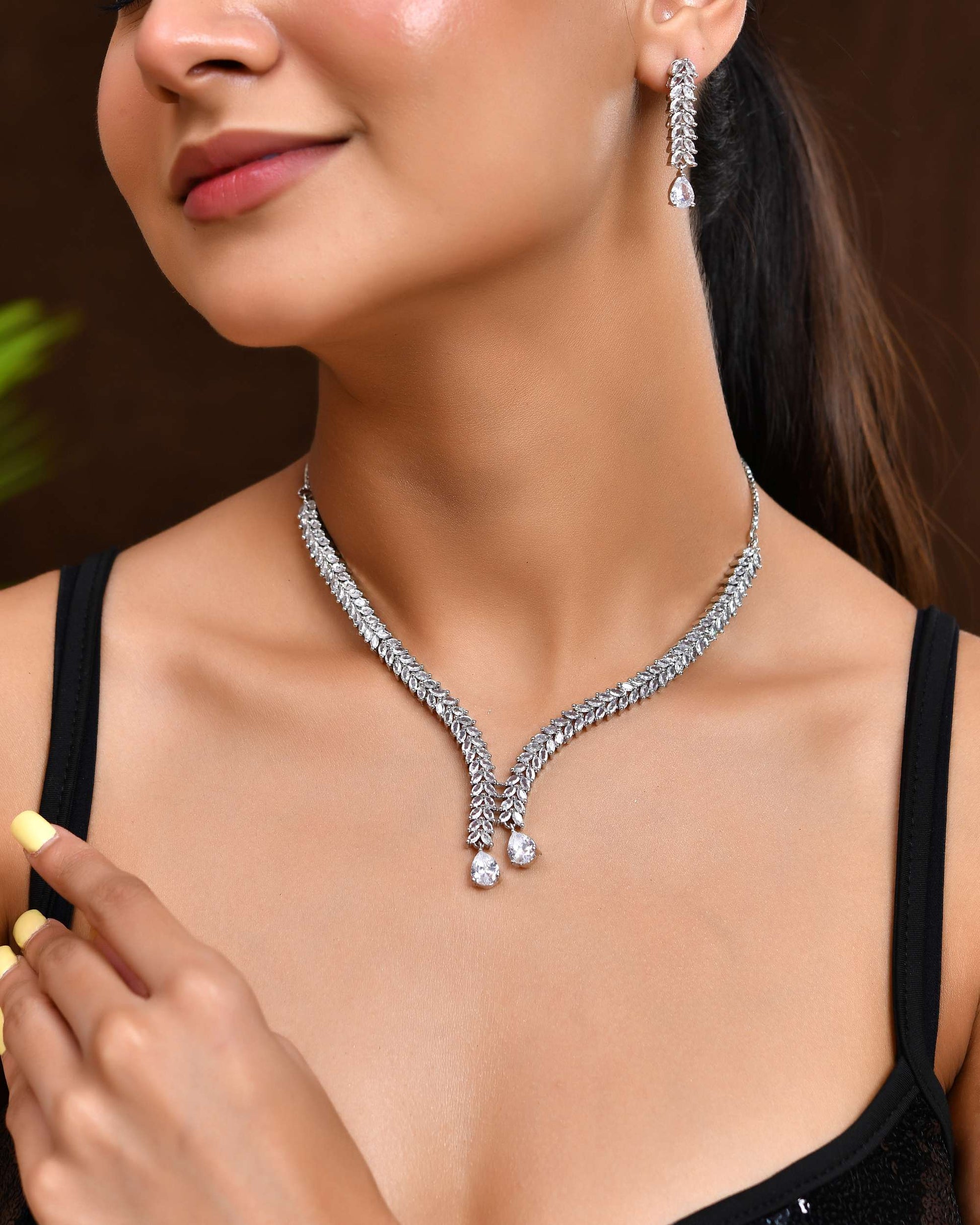 Jewels Nest Silver-Plated American Diamond Necklace Set with Teardrop CZ Stones - Swadesiicart