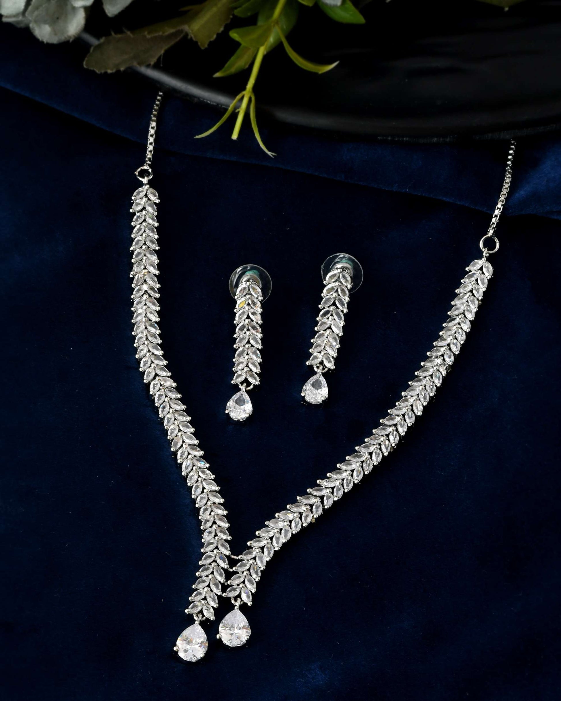 Jewels Nest Silver-Plated American Diamond Necklace Set with Teardrop CZ Stones - Swadesiicart