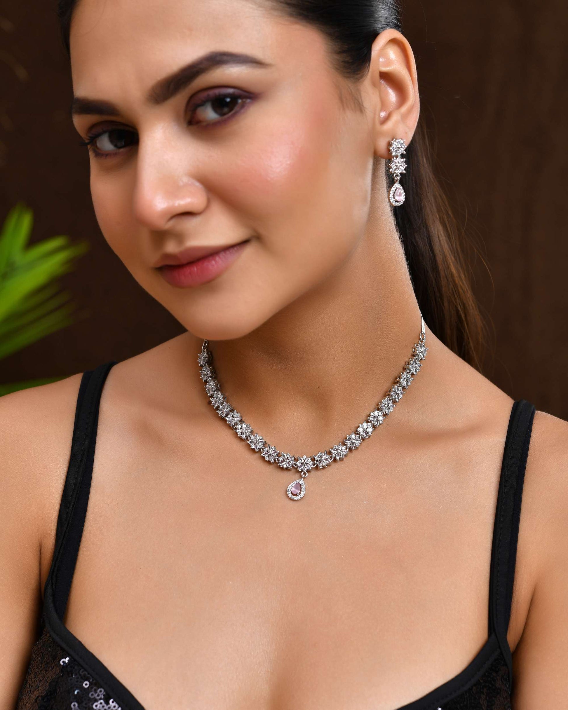 Jewels Nest Floral Design American Diamond Necklace Set with Pink Stone Drops - Swadesiicart