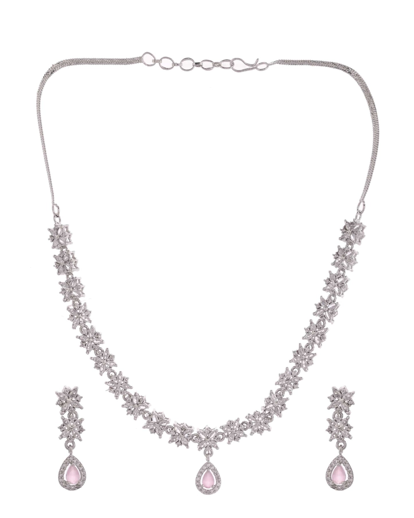 Jewels Nest Floral Design American Diamond Necklace Set with Pink Stone Drops - Swadesiicart