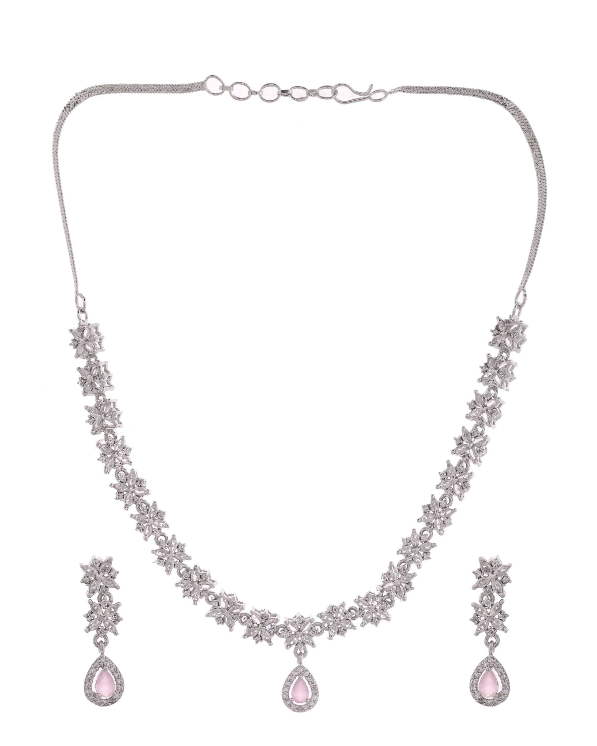 Jewels Nest Floral Design American Diamond Necklace Set with Pink Stone Drops - Swadesiicart