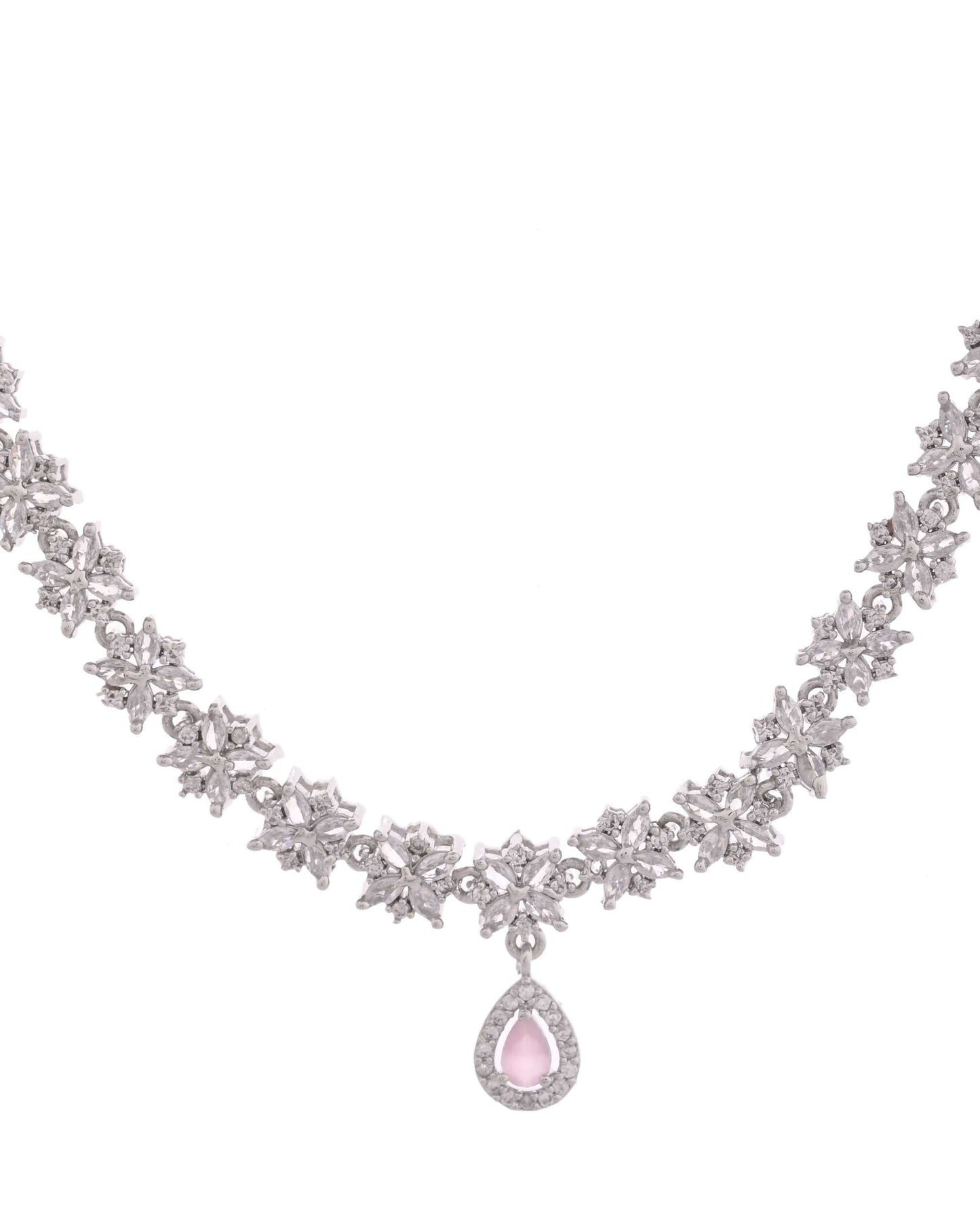 Jewels Nest Floral Design American Diamond Necklace Set with Pink Stone Drops - Swadesiicart