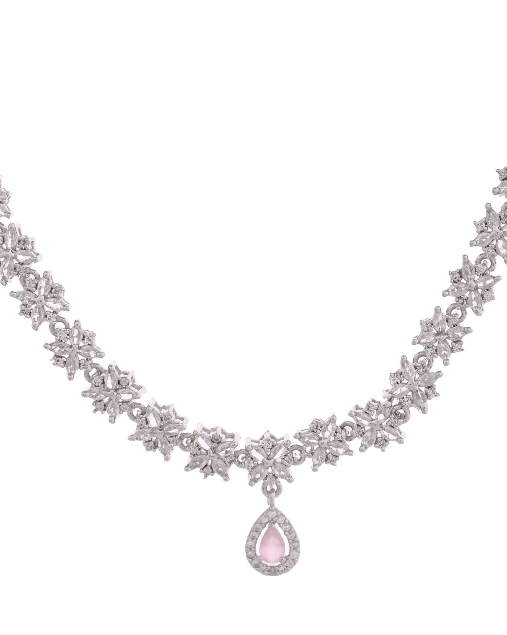 Jewels Nest Floral Design American Diamond Necklace Set with Pink Stone Drops - Swadesiicart