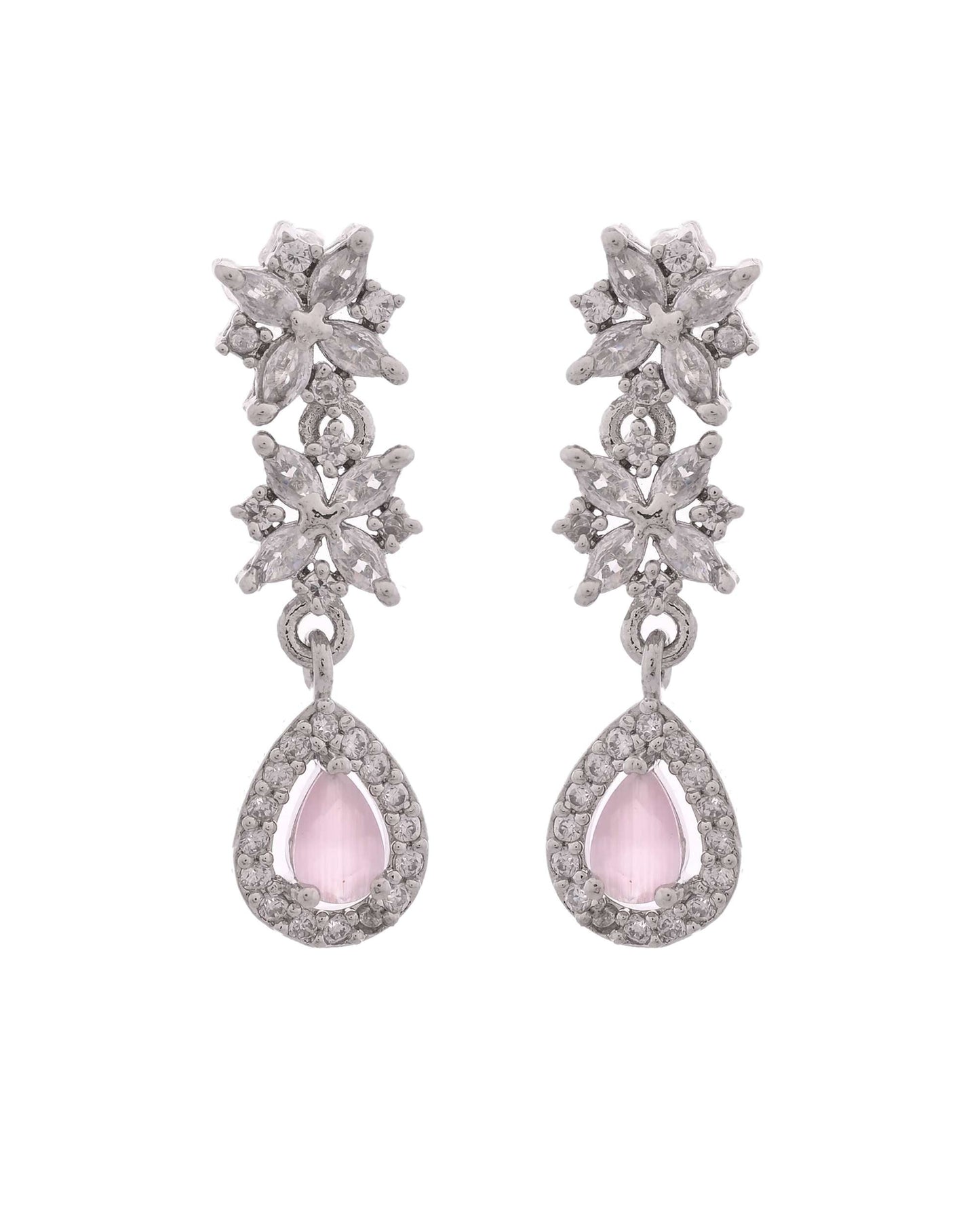 Jewels Nest Floral Design American Diamond Necklace Set with Pink Stone Drops - Swadesiicart