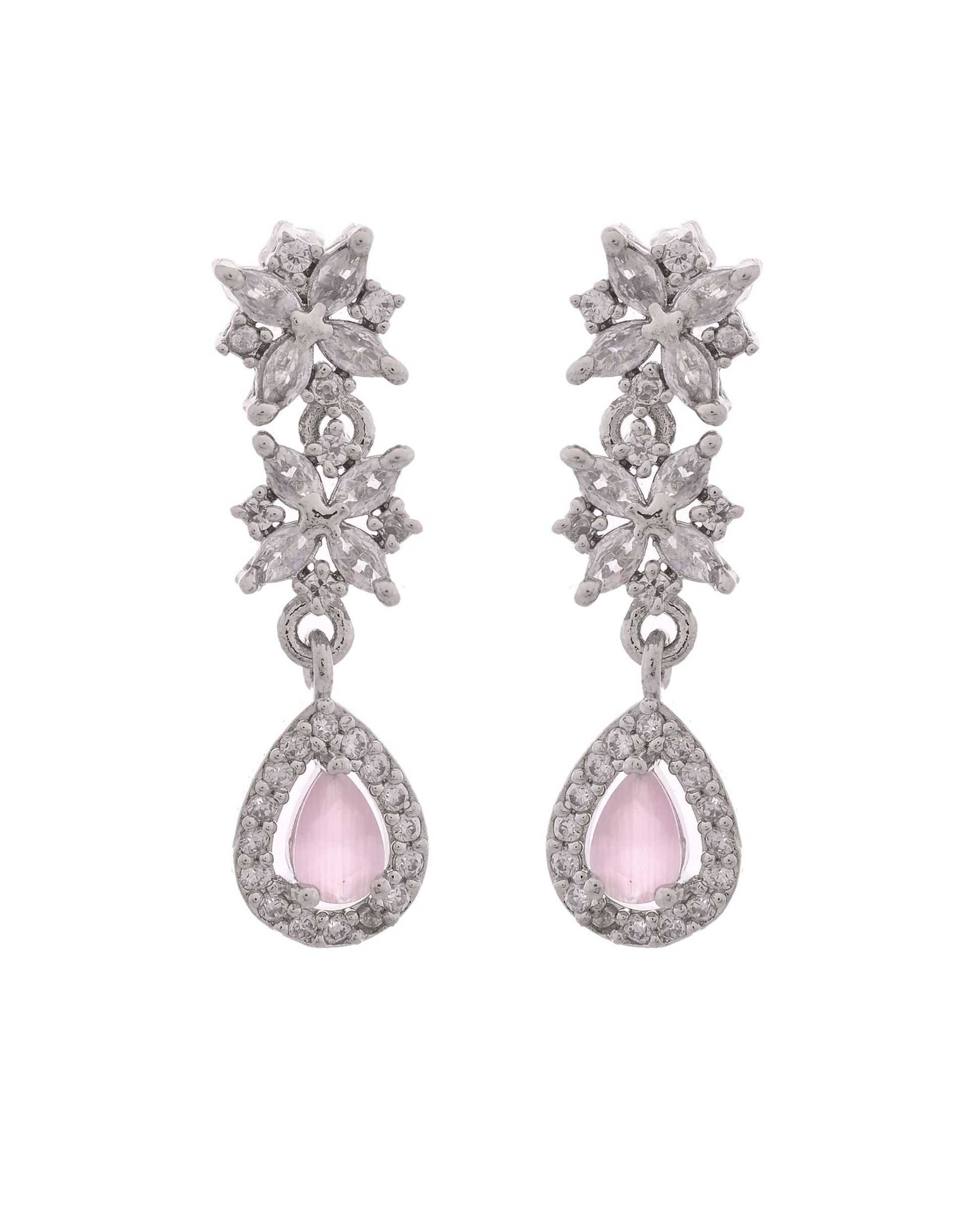 Jewels Nest Floral Design American Diamond Necklace Set with Pink Stone Drops - Swadesiicart