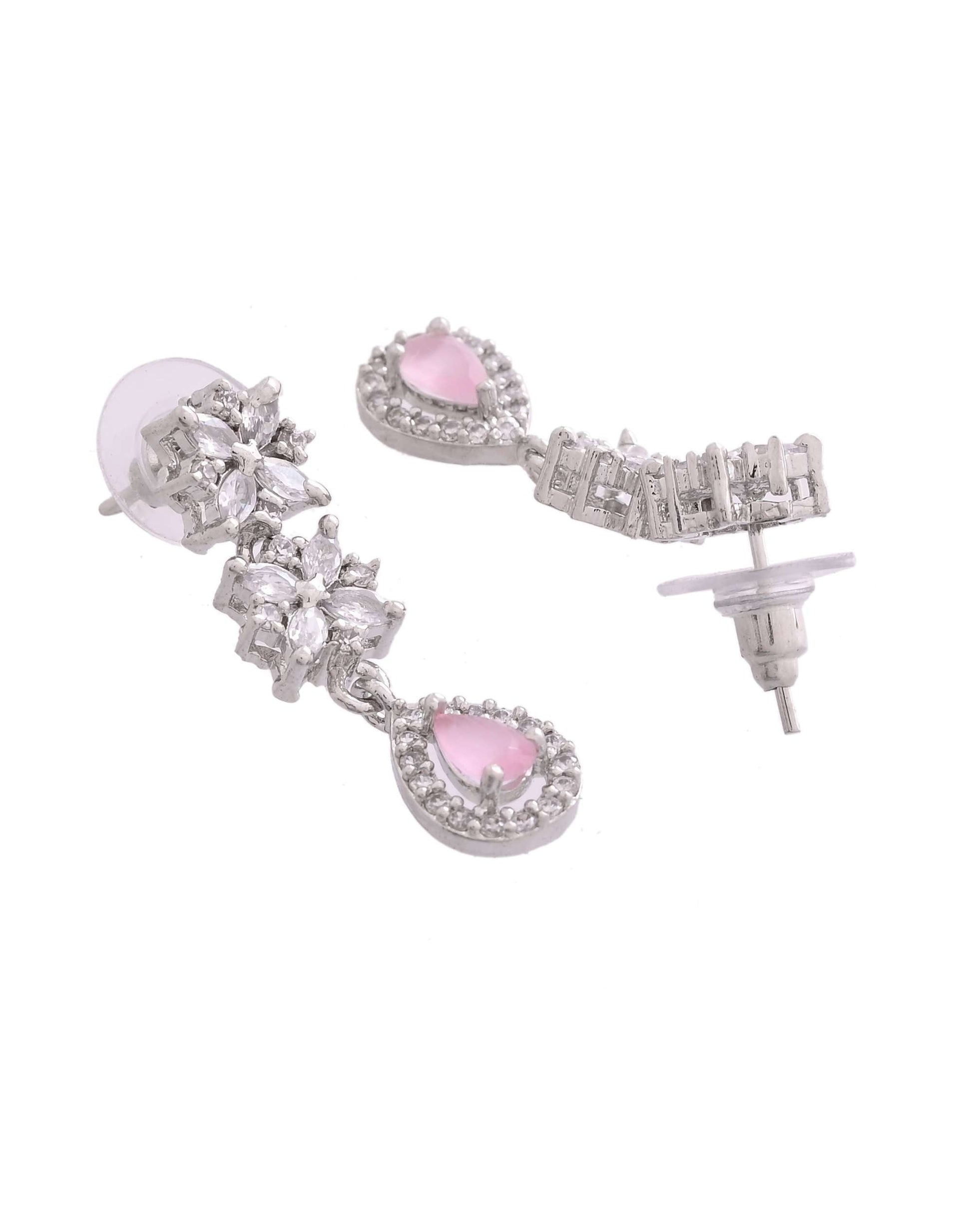 Jewels Nest Floral Design American Diamond Necklace Set with Pink Stone Drops - Swadesiicart