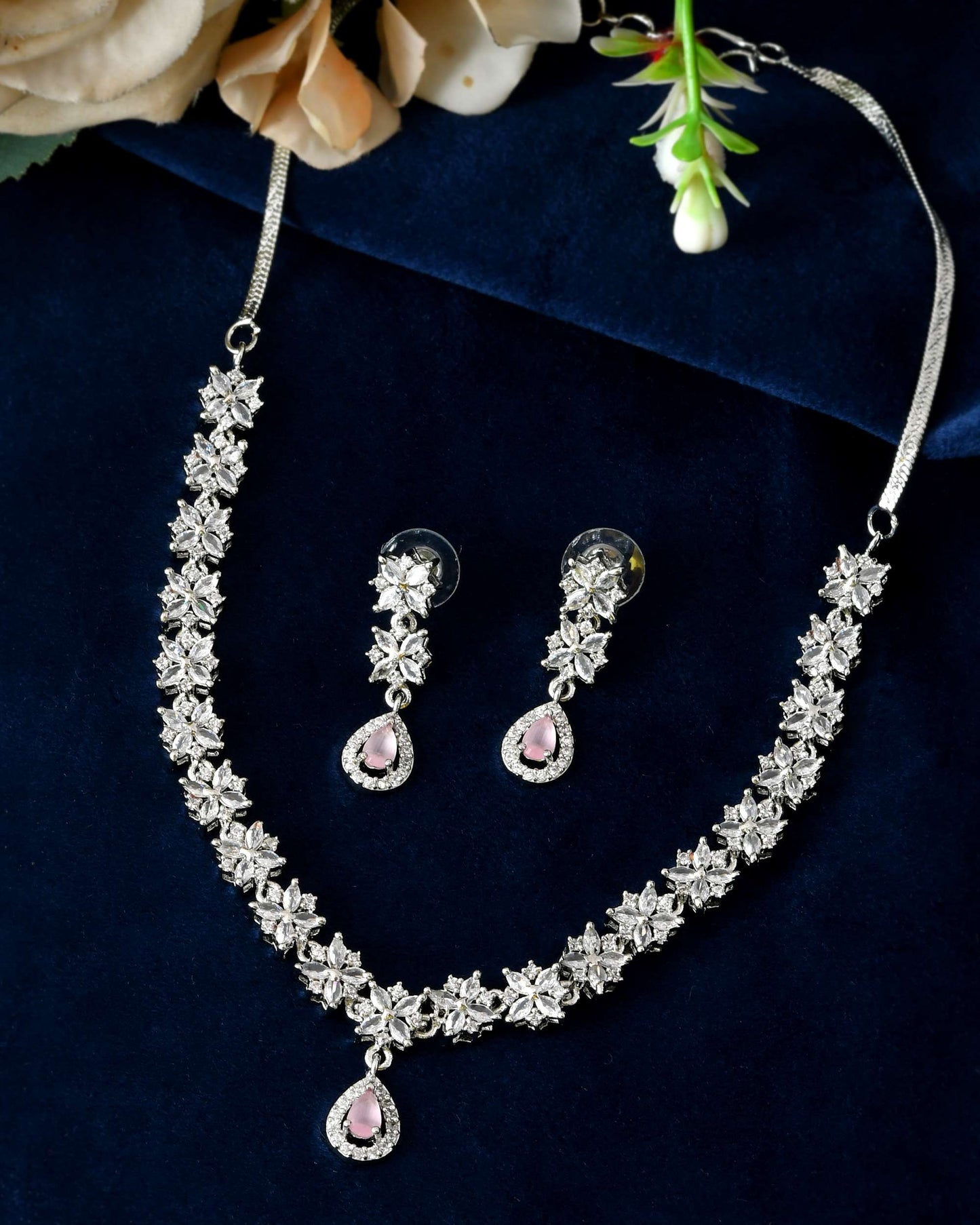 Jewels Nest Floral Design American Diamond Necklace Set with Pink Stone Drops - Swadesiicart
