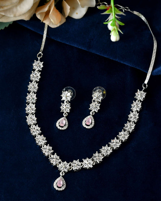 Jewels Nest Floral Design American Diamond Necklace Set with Pink Stone Drops - Swadesiicart