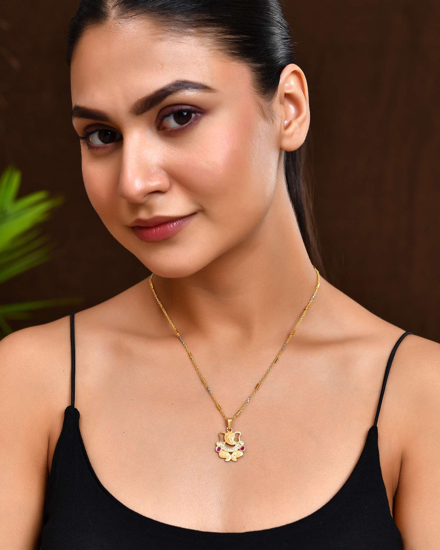 Jewels Nest Traditional Gold-Tone Pendant Chain with Ruby Accents - Swadesiicart