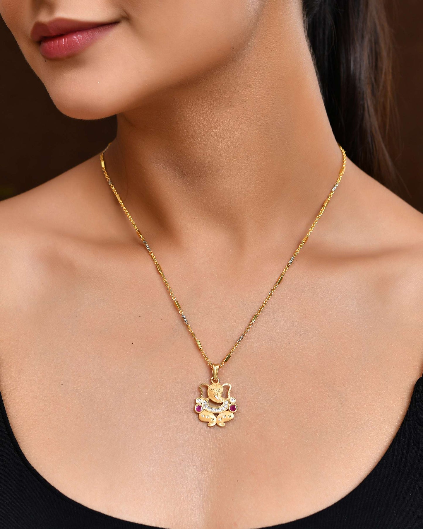 Jewels Nest Traditional Gold-Tone Pendant Chain with Ruby Accents - Swadesiicart