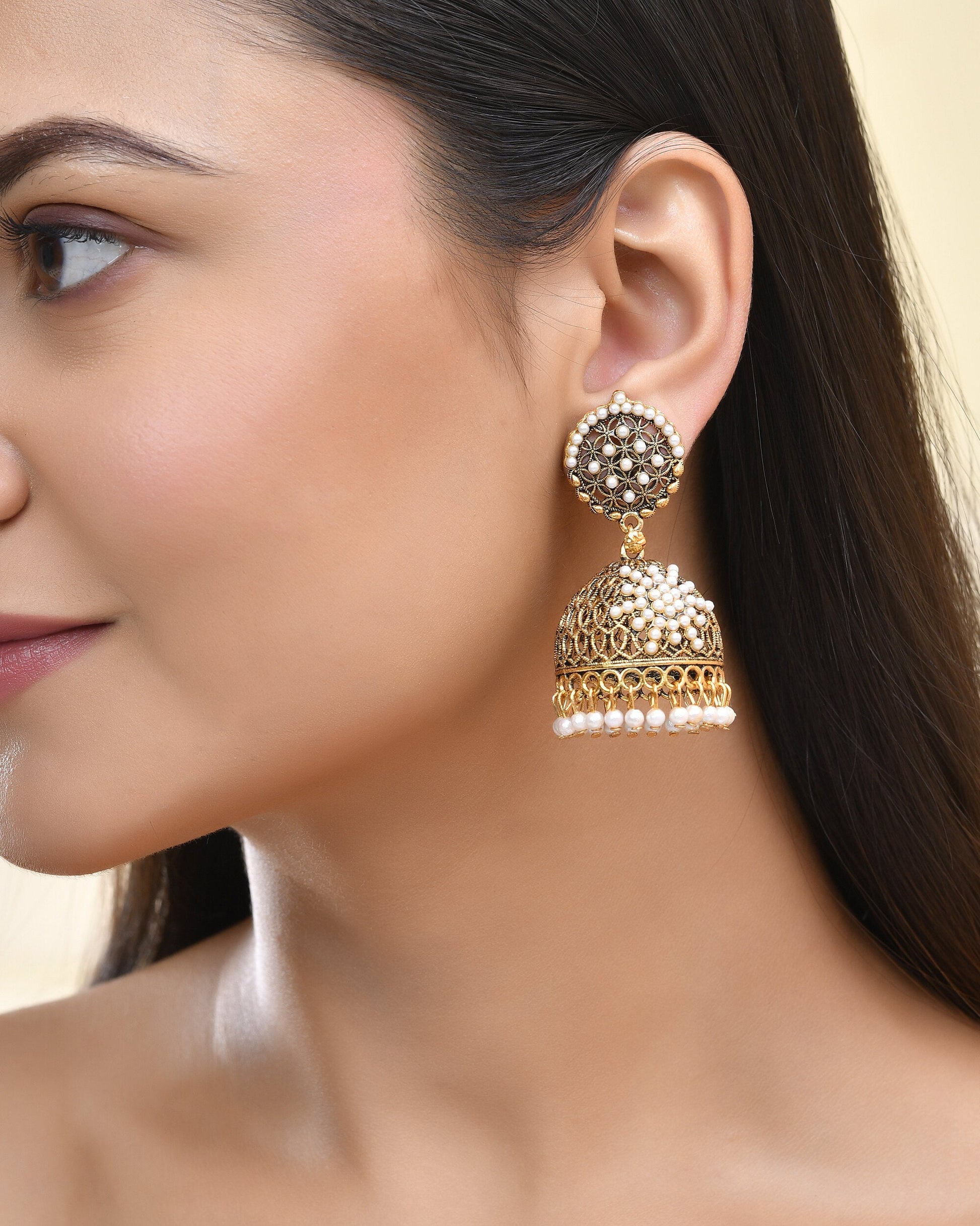 Jewels Nest Gold-Polished Pearl Jhumka Earrings – Traditional Ethnic Design - Swadesiicart