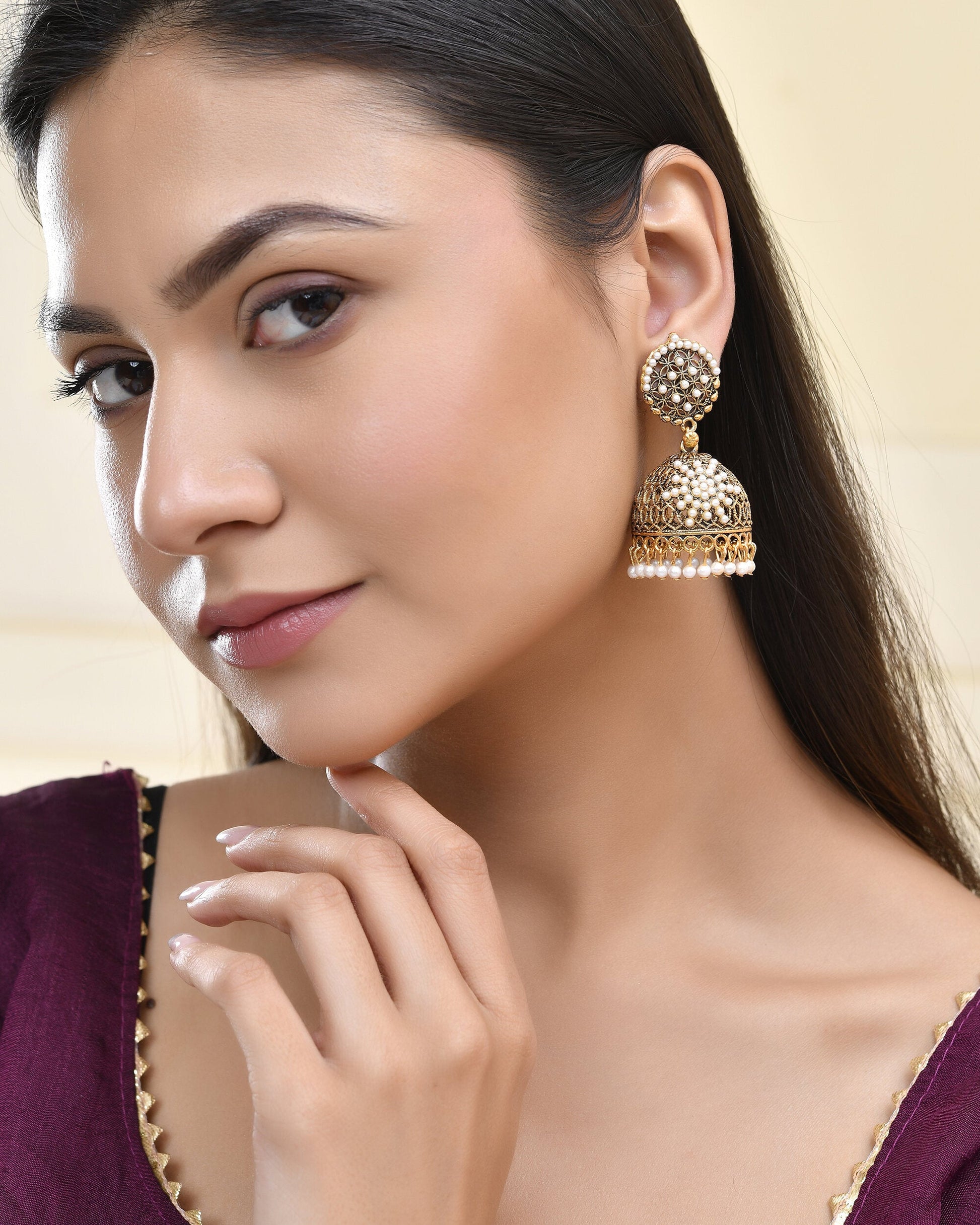 Jewels Nest Gold-Polished Pearl Jhumka Earrings – Traditional Ethnic Design - Swadesiicart
