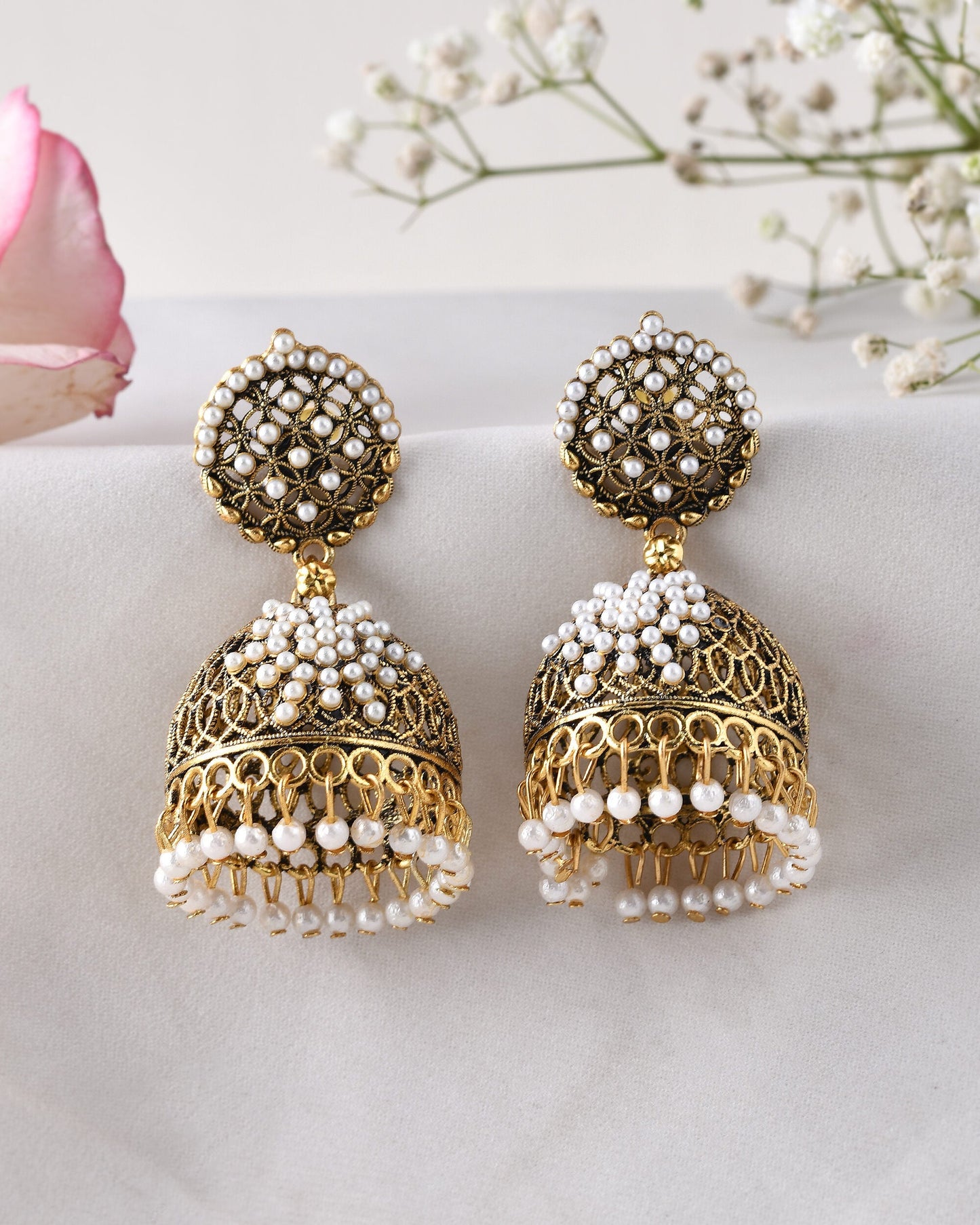 Jewels Nest Gold-Polished Pearl Jhumka Earrings – Traditional Ethnic Design - Swadesiicart