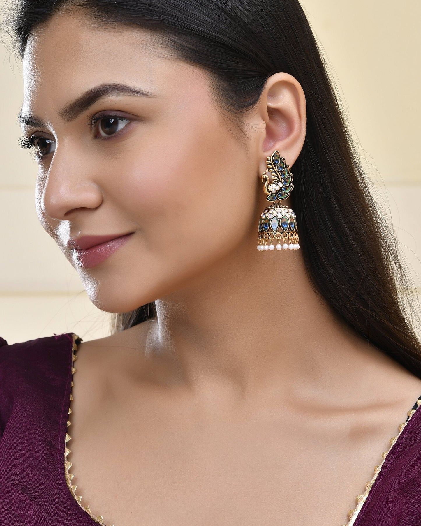 Jewels Nest Peacock-Inspired Gold-Polished Jhumka Earrings with Multicolor Stones - Swadesiicart