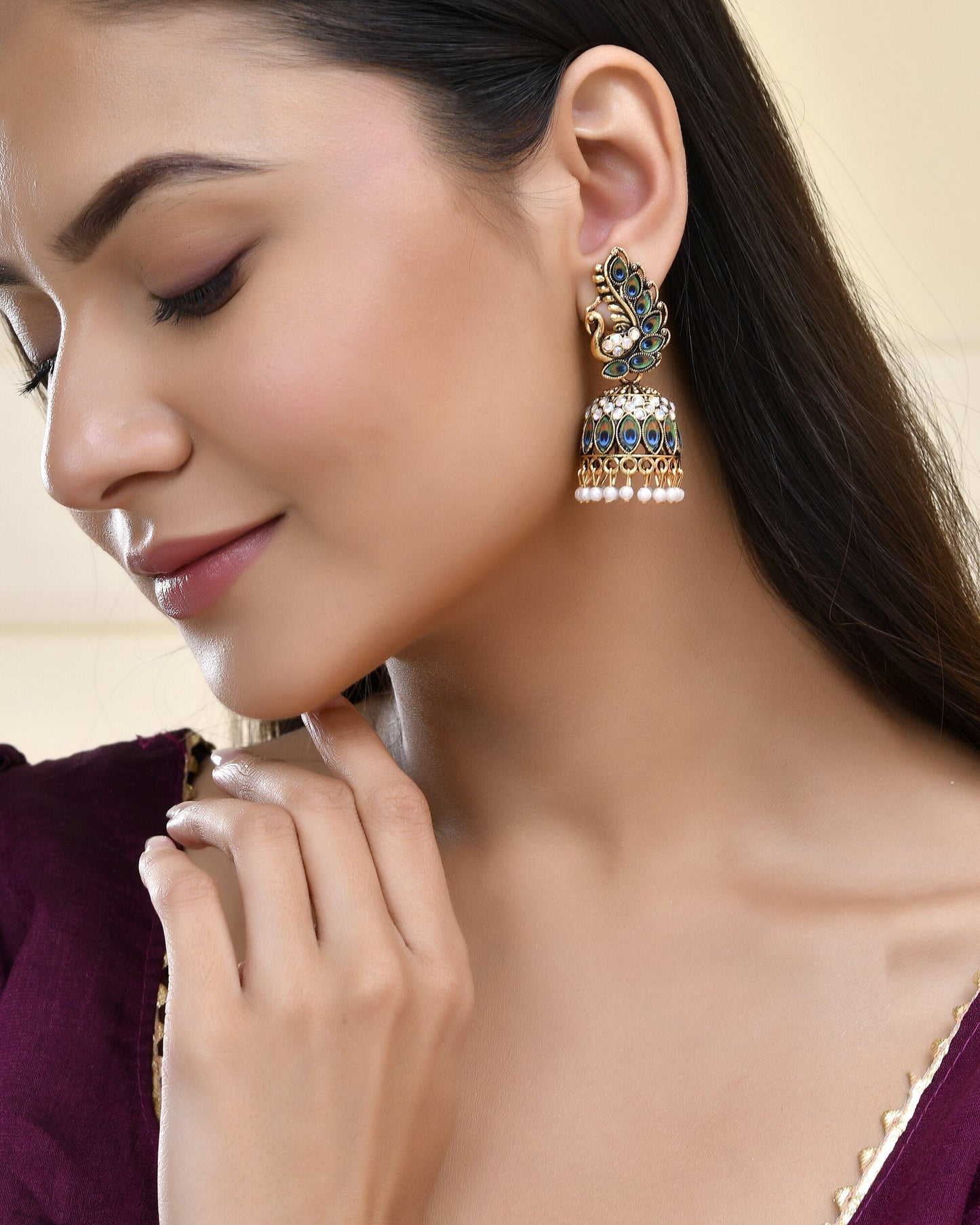 Jewels Nest Peacock-Inspired Gold-Polished Jhumka Earrings with Multicolor Stones - Swadesiicart