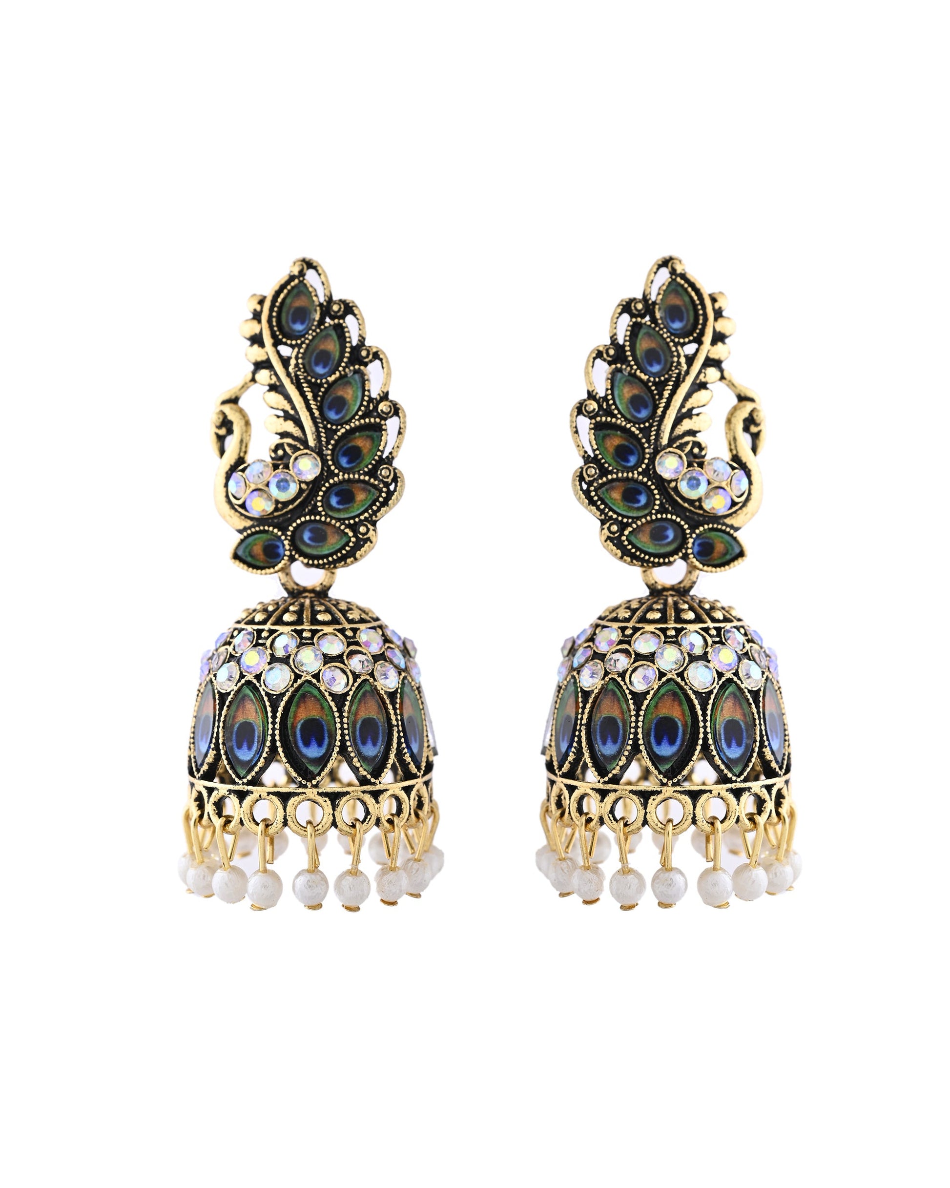 Jewels Nest Peacock-Inspired Gold-Polished Jhumka Earrings with Multicolor Stones - Swadesiicart