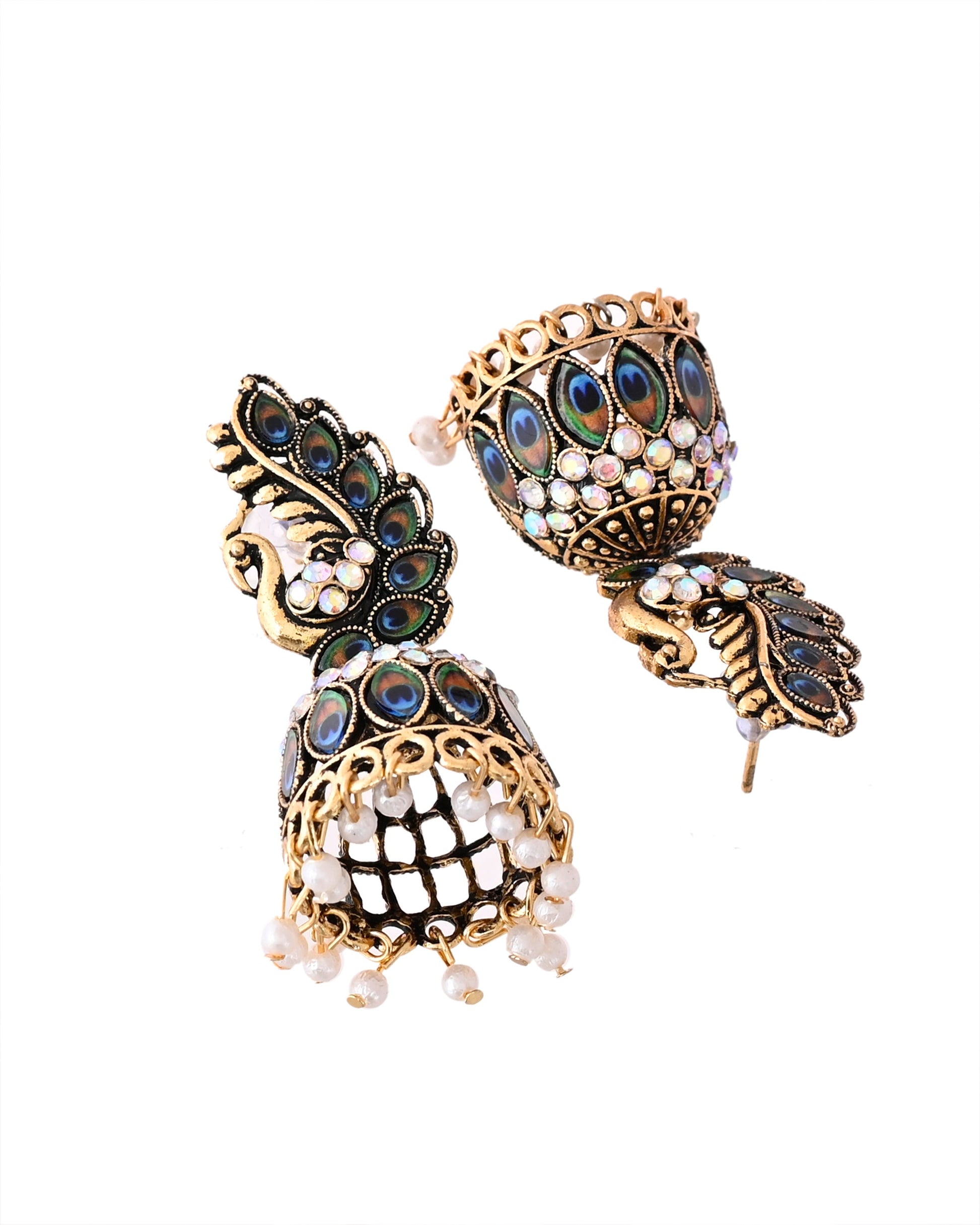 Jewels Nest Peacock-Inspired Gold-Polished Jhumka Earrings with Multicolor Stones - Swadesiicart