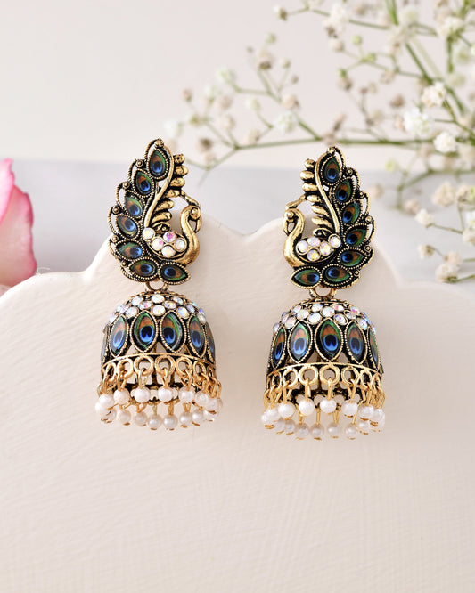 Jewels Nest Peacock-Inspired Gold-Polished Jhumka Earrings with Multicolor Stones - Swadesiicart