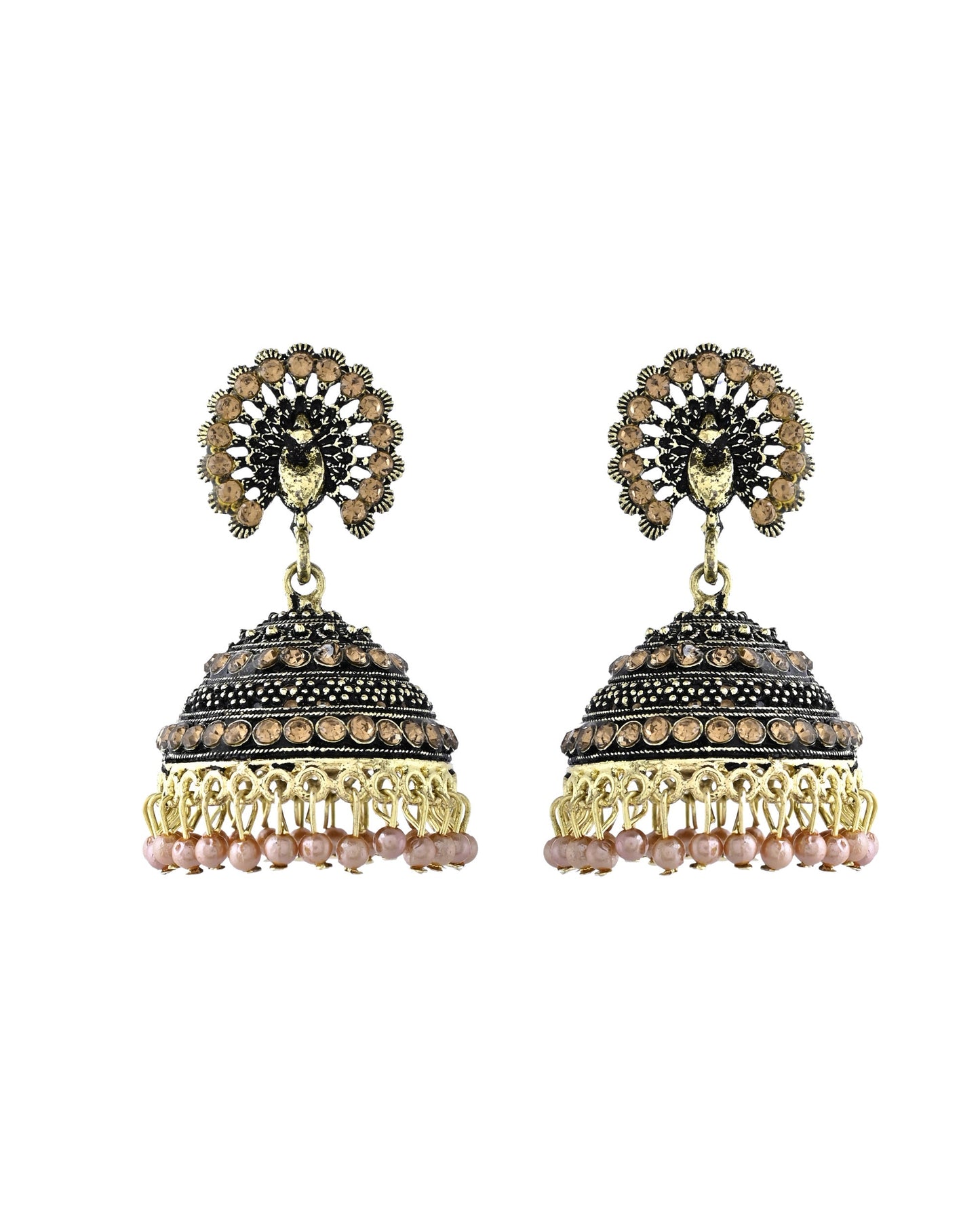 Jewels Nest Antique Gold-Polished Jhumka Earrings with Floral Detailing and Stone Embellishments - Swadesiicart