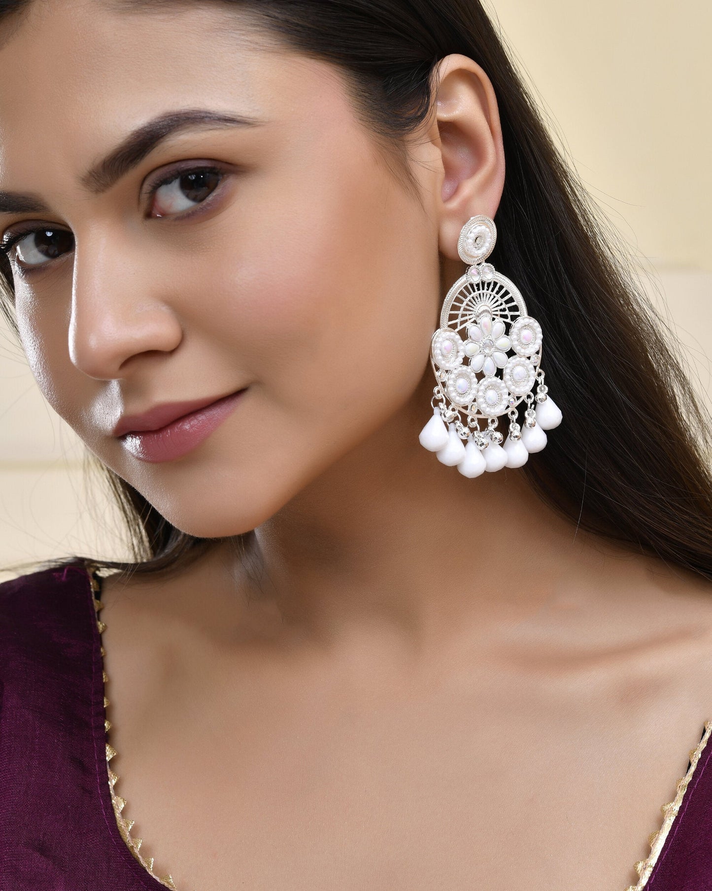 Jewels Nest Silver-Plated White Stone Chandelier Earrings with Floral and Beaded Detailing - Swadesiicart