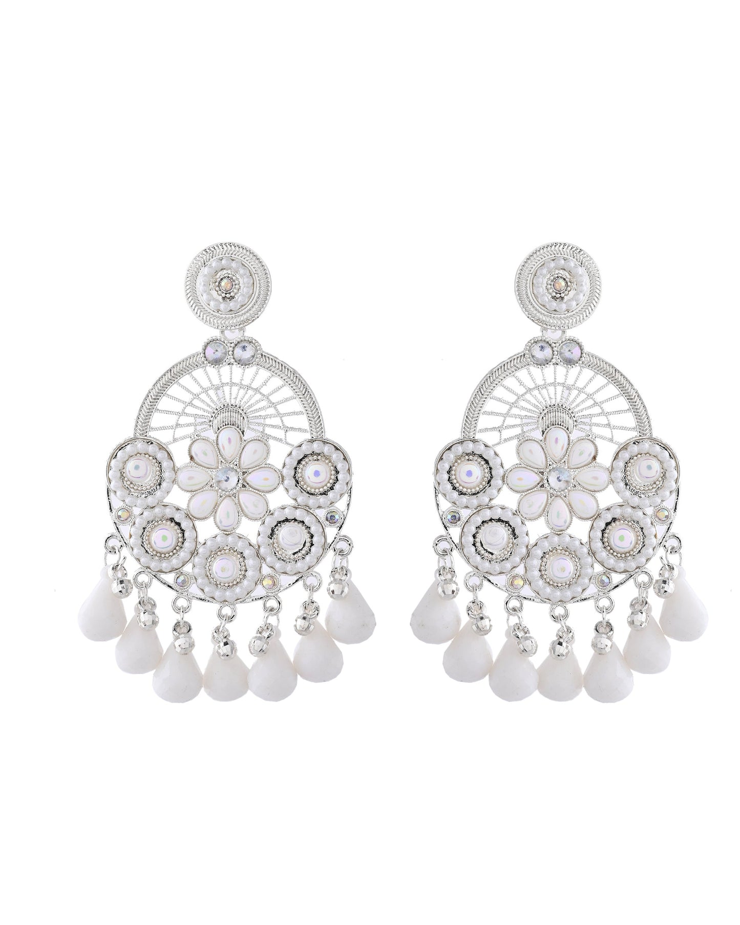 Jewels Nest Silver-Plated White Stone Chandelier Earrings with Floral and Beaded Detailing - Swadesiicart