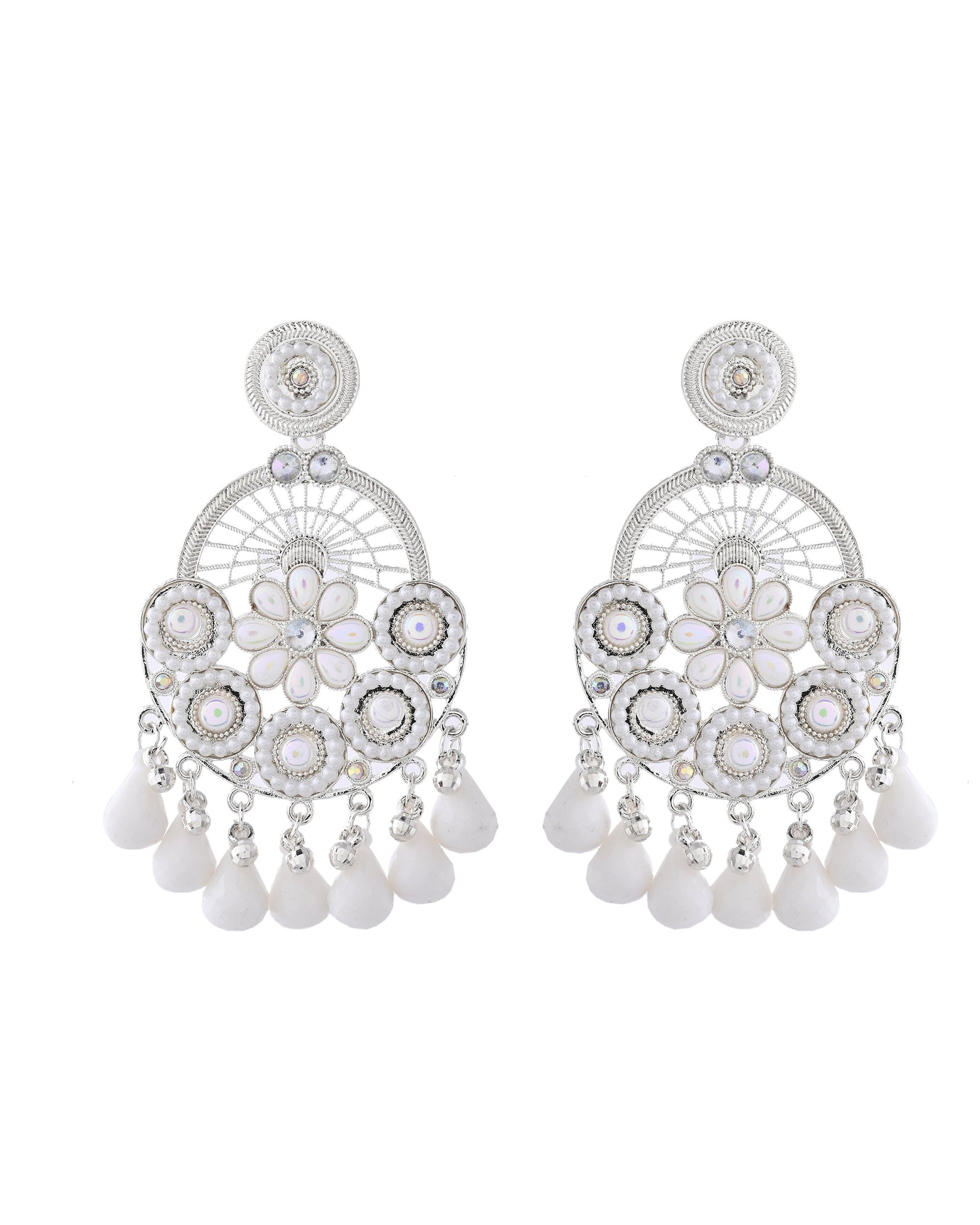 Jewels Nest Silver-Plated White Stone Chandelier Earrings with Floral and Beaded Detailing - Swadesiicart