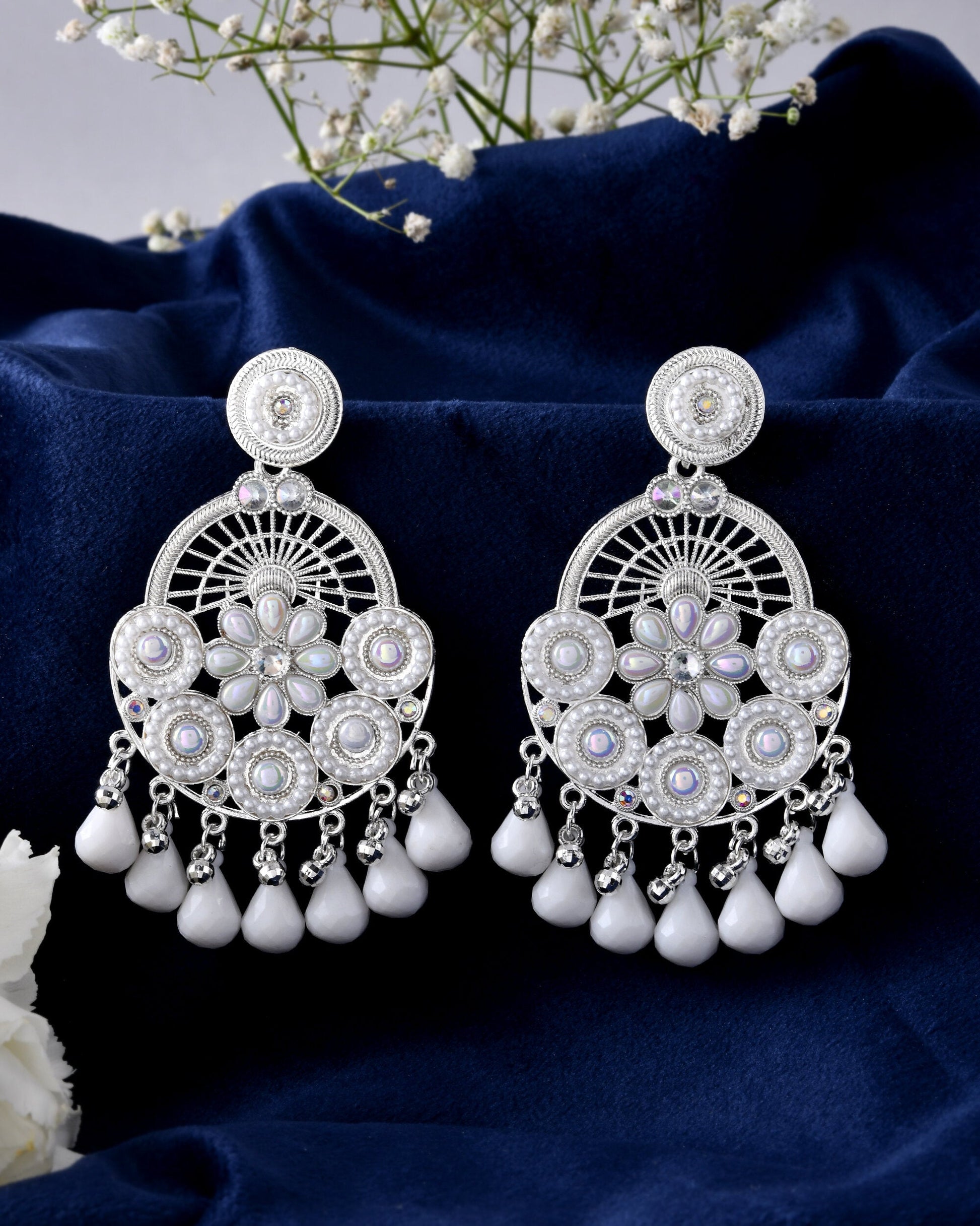 Jewels Nest Silver-Plated White Stone Chandelier Earrings with Floral and Beaded Detailing - Swadesiicart
