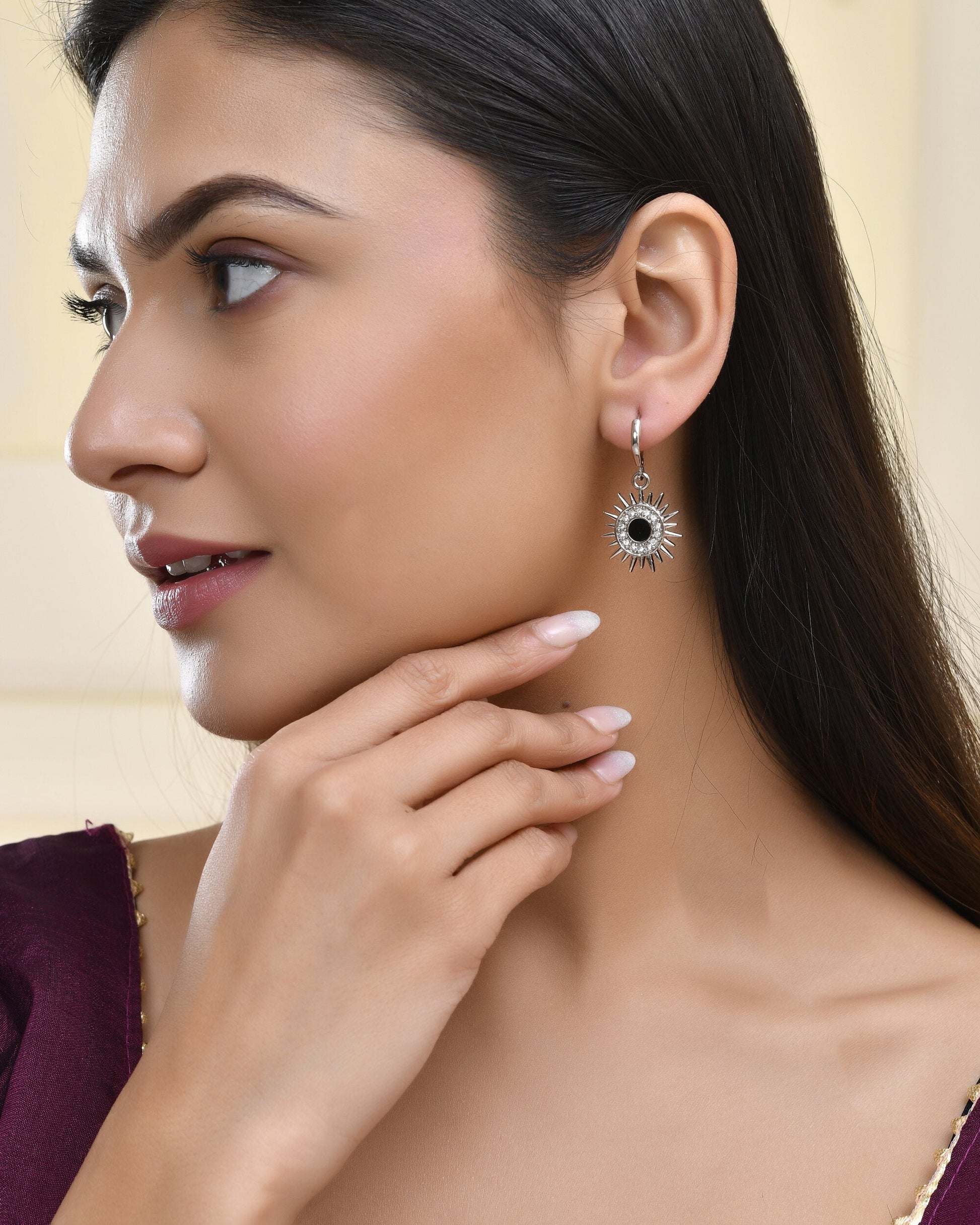 Jewels Nest Stainless Steel Evil Eye Sunburst Dangle Earrings with Crystal Embellishments - Swadesiicart