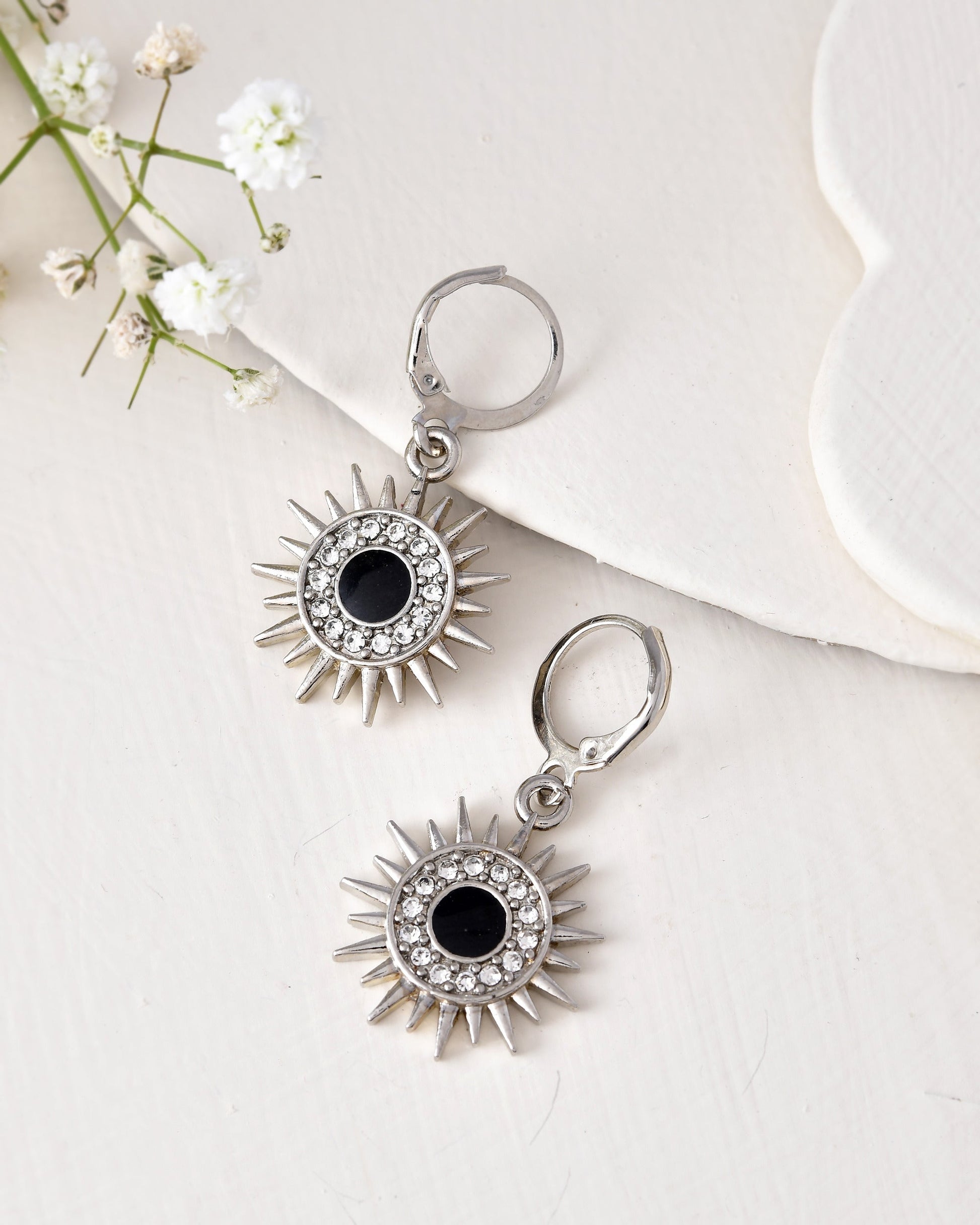 Jewels Nest Stainless Steel Evil Eye Sunburst Dangle Earrings with Crystal Embellishments - Swadesiicart