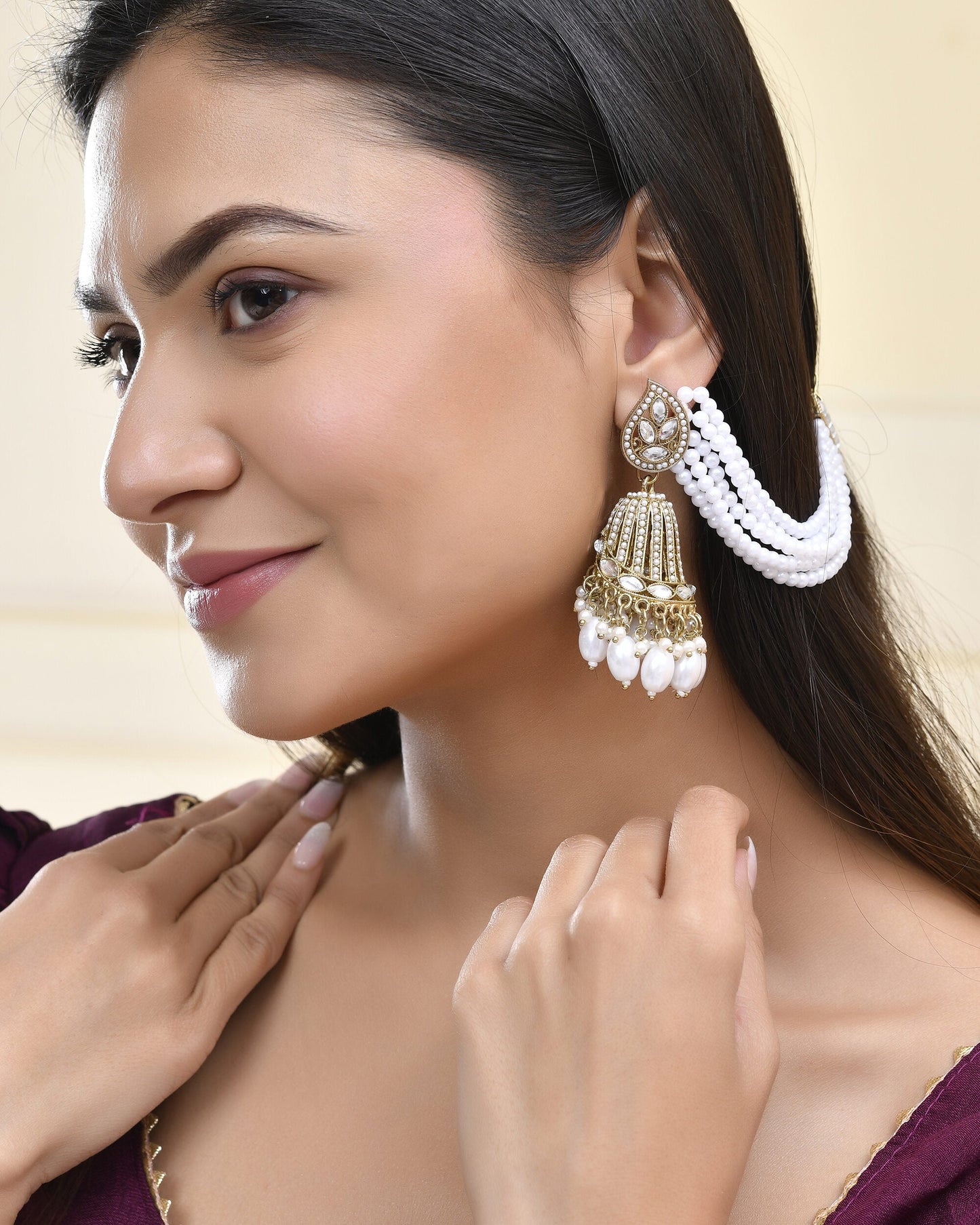 Jewels Nest Grand Traditional Gold and Pearl Jhumka Earrings with Kundan and Layered Pearl Strings - Swadesiicart
