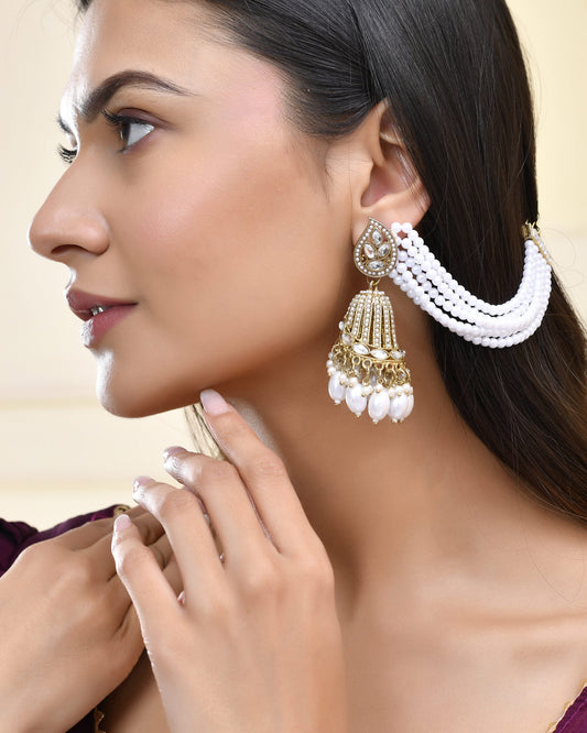 Jewels Nest Grand Traditional Gold and Pearl Jhumka Earrings with Kundan and Layered Pearl Strings - Swadesiicart