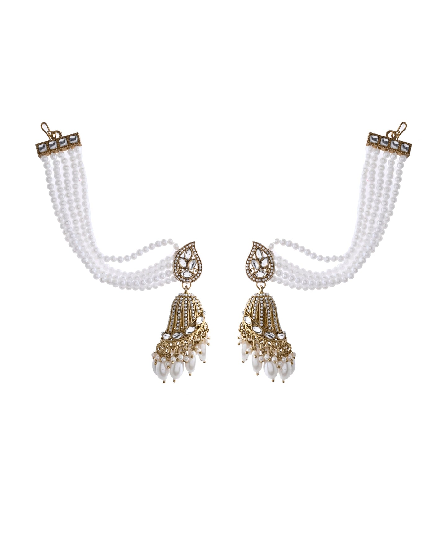 Jewels Nest Grand Traditional Gold and Pearl Jhumka Earrings with Kundan and Layered Pearl Strings - Swadesiicart