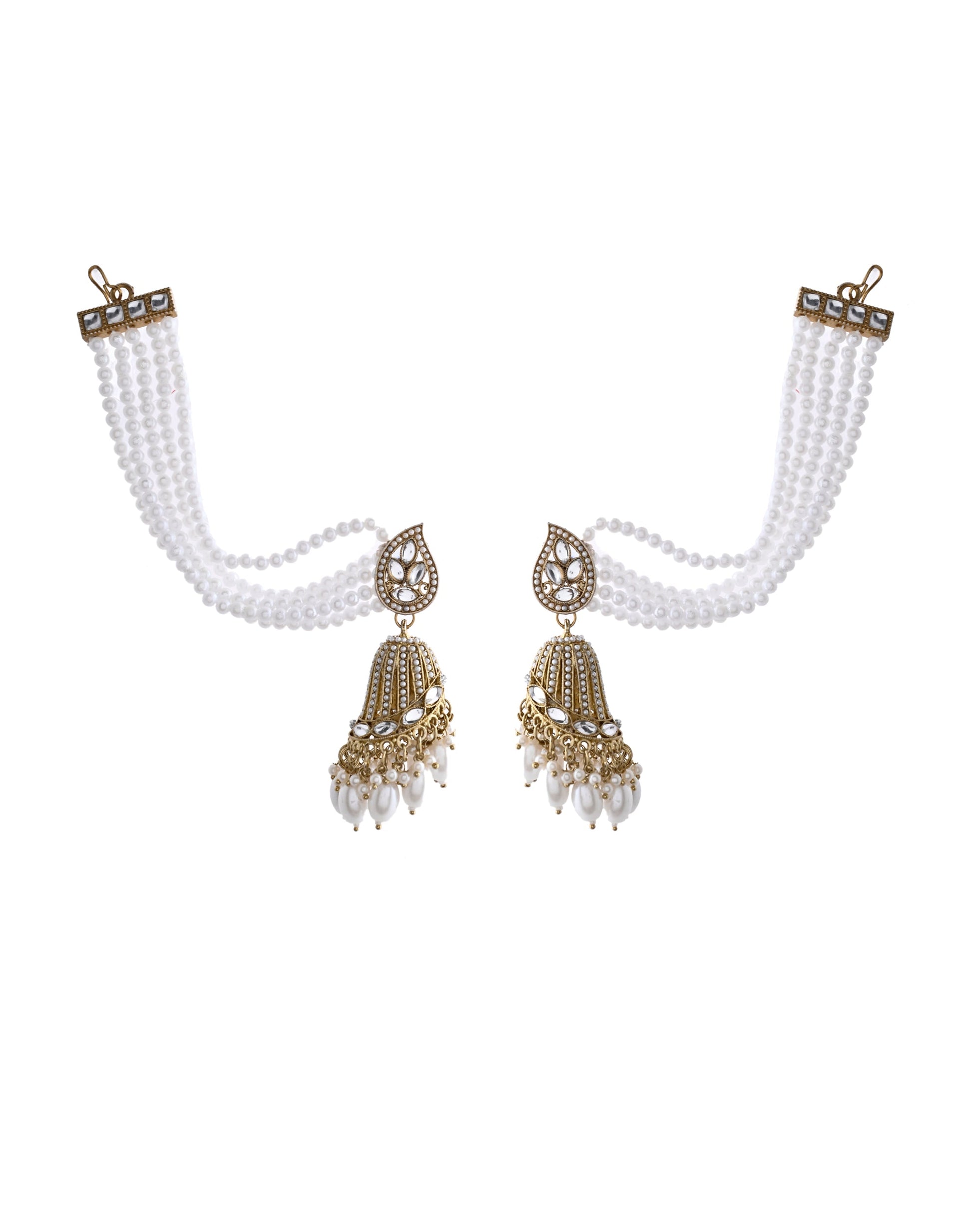 Jewels Nest Grand Traditional Gold and Pearl Jhumka Earrings with Kundan and Layered Pearl Strings - Swadesiicart
