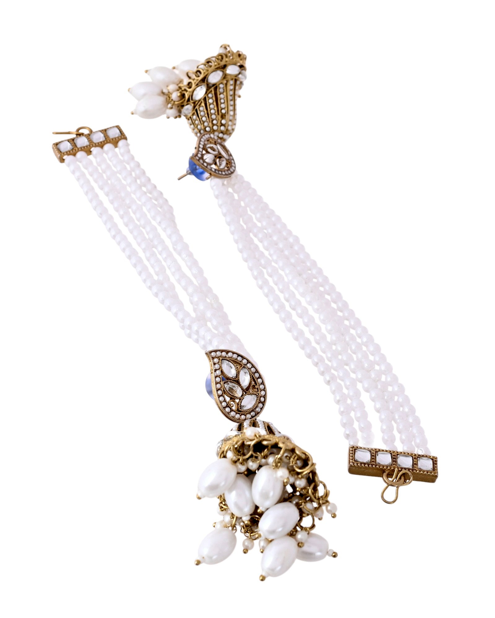 Jewels Nest Grand Traditional Gold and Pearl Jhumka Earrings with Kundan and Layered Pearl Strings - Swadesiicart